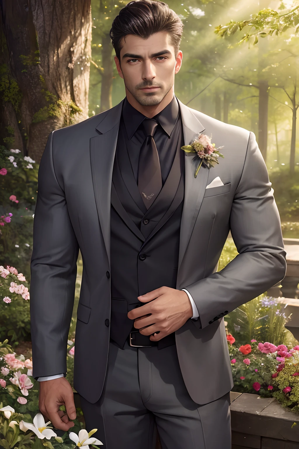 master-piece, bestquality, (handsome, highres, ultra-detail), 1male, mature adult, Very handsome, Men with high muscles, Wide shoulders, Finely detailed eyes and detailed face, Dark gray hair, green eyes, handsome, Suit, fantasy, Long sleeve shirt, , forests, Flowers in full bloom, sunlight, Excellent lighting and shadows, scenery, portrait,Warm colors