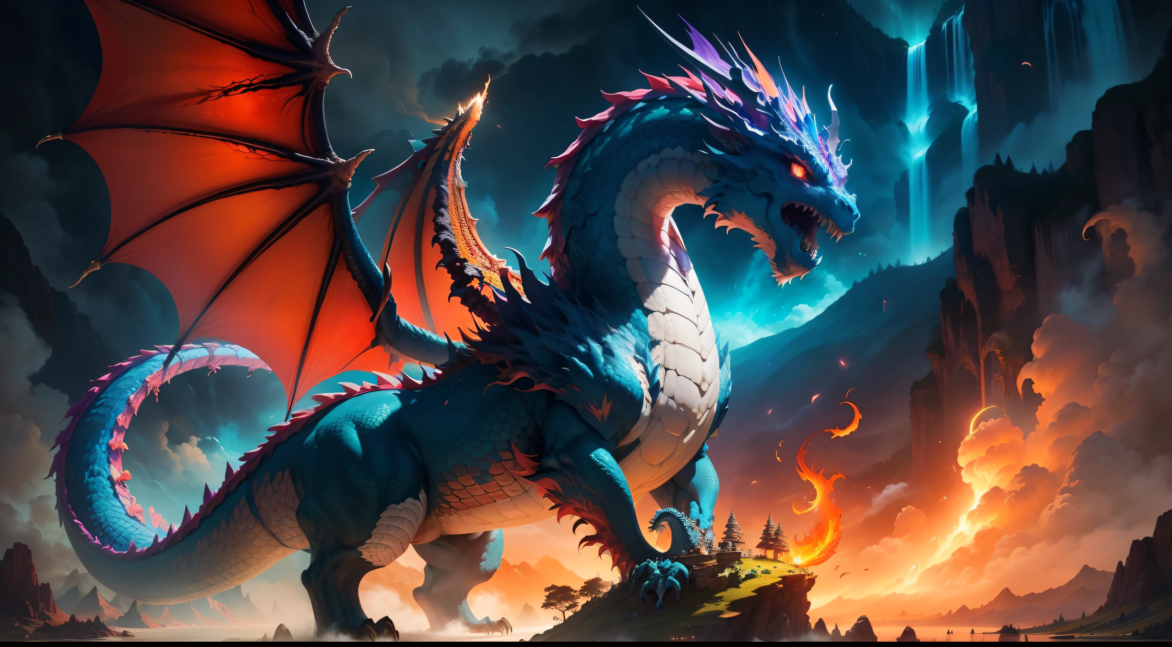 "Create a vibrant artwork depicting a colossal, multicolored King Dragon reigning over the mystical Dragon Universe. Capture its grandeur as it breathes fire, surrounded by lush landscapes, cascading waterfalls, and loyal dragon guardians. Let the colors and magic of this world come alive on the canvas."