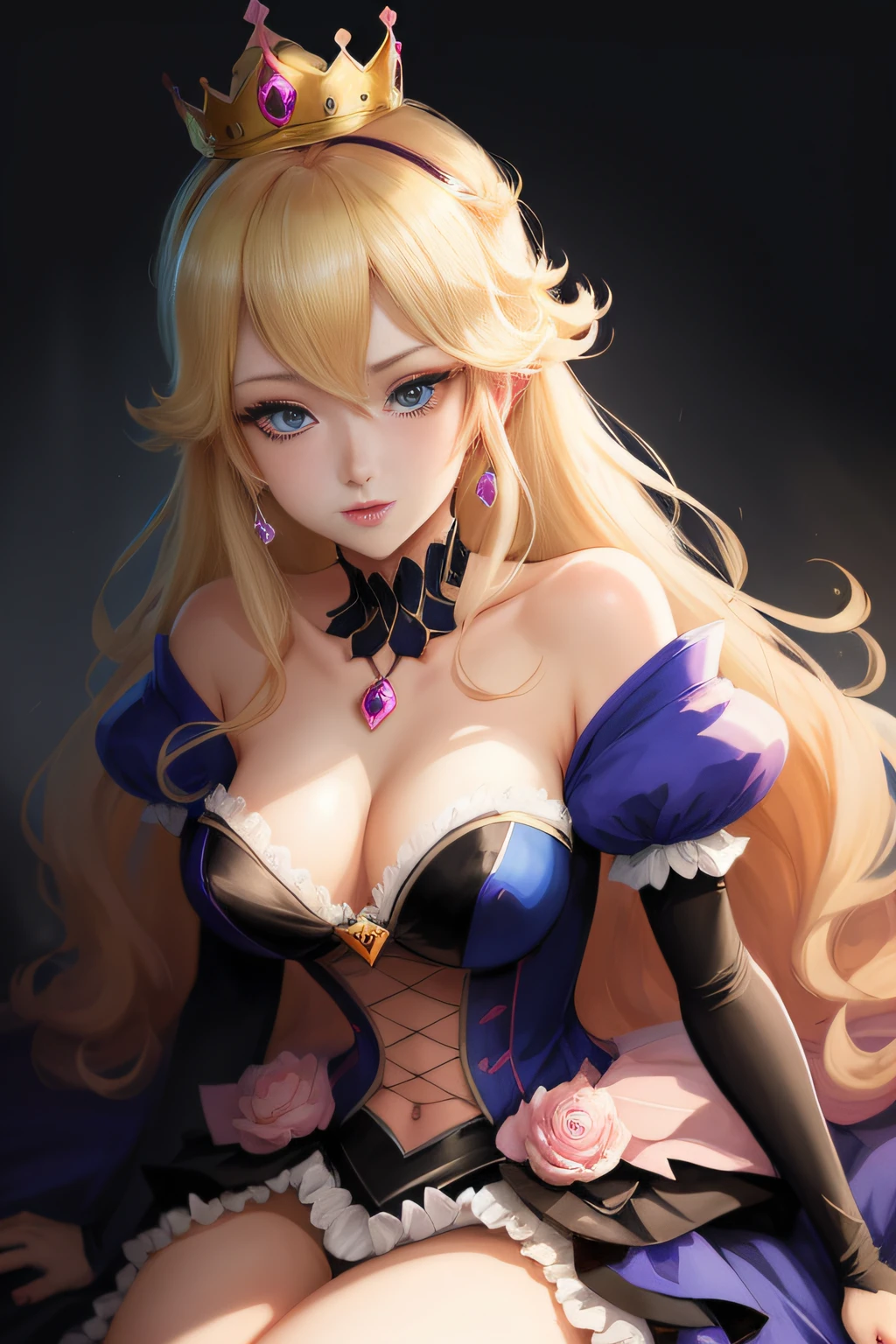 princess peach, blue eyes, sexy pink and black dress, thin, classy, black background, slick, cleavage, crown, laced bra, blonde, alluring, seductive, (2d cute anime:1.3), Vixip, pastel background, design by Yusuke Kozaki, oil by Gregory Manchess; stunningly alluring, teasing, beautiful, Hand drawing illustration. highly detailed. Cinematic lighting. By sumic.mic