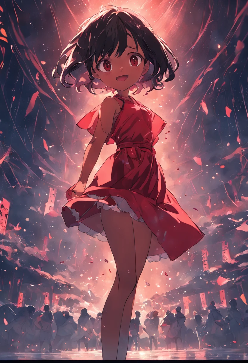Close up, Super detail, Fine texture,Young woman jumps from the back of a pomegranate pterosaur with suspended raindrops,The mist passes through the body with large, round rolling eyes,Bright and vibrant black pupils Long flowing hair,Delicate makeup looks up, Fisheye lens catch, Facial focus Magnificent cityscape of red building in background Bright pastel color combinations Detailed and captivating character illustrations Amazing effects rendered in the octane engine Unreal Engine octane rendering, Quixel Megascan Renderm
