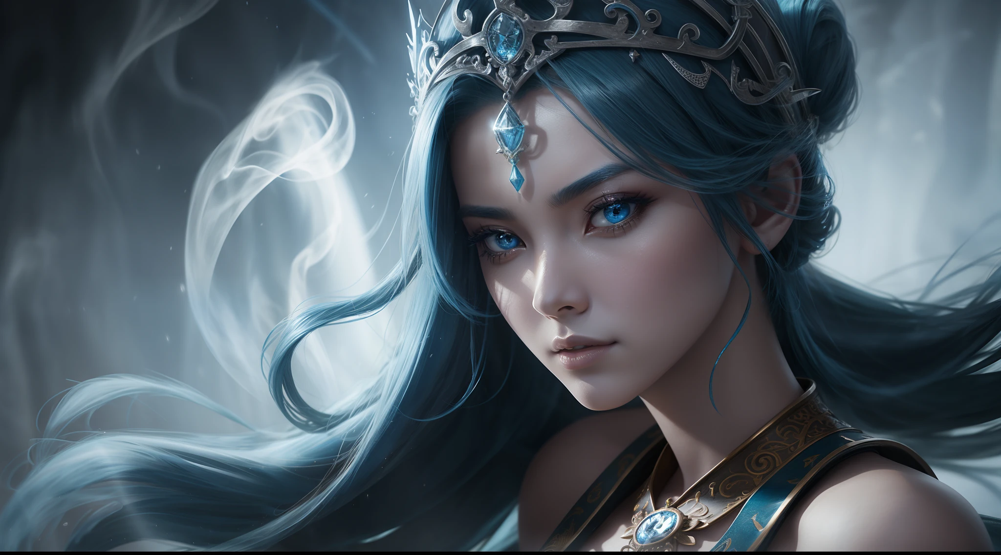 a close up of a woman with blue hair and a sword, concept art inspired by Lü Ji, trending on cg society, fantasy art, game cg, a beautiful fantasy empress, alluring princess knight, cinematic goddess close shot, portrait knights of zodiac girl, extremely detailed goddess shot, cinematic goddess shot, ((a beautiful fantasy empress)), biblical female, best quality, masterpiece, high_res, 1girl, hair ornament, necklace, jewelry, Beautiful face, photo realistic, rim lighting, (high detailed skin:1.2), 8k uhd, dslr, soft lighting, high quality, volumetric lighting, candid, Photograph, high resolution, 4k, 8k, medium breasts, absurdres, ponytail contorted, best ratio four finger and one thumb, (Rosy Zhao 赵露思:0.9),