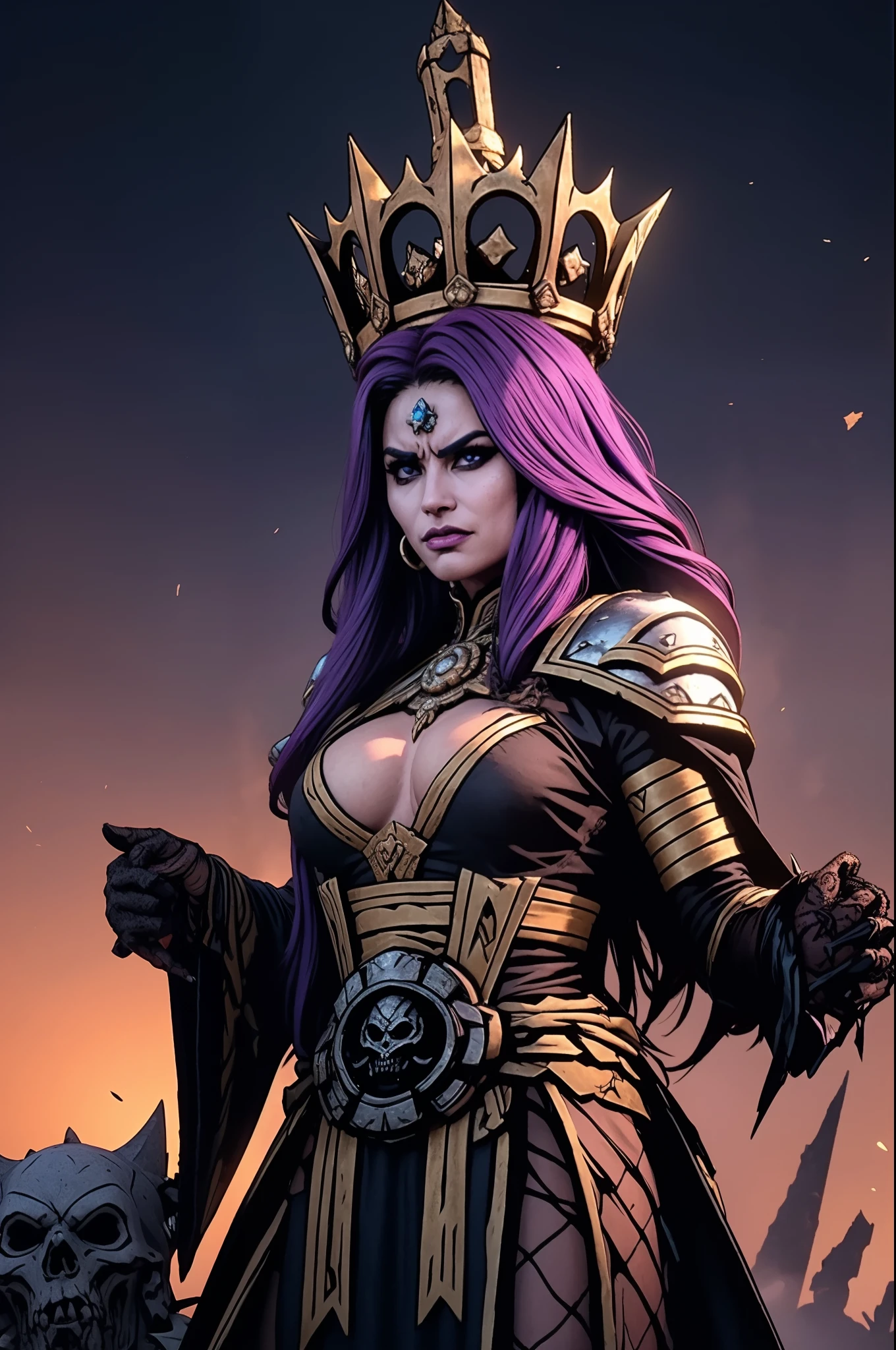(obra maestra) (La mejor calidad) La diosa de la locura. Has a mocking and sinister expression., Lleva ropa hecha jirones, He wears a tarnished crown and stands on a shattered throne...... She is surrounded by a wind of chaotic fumes of strange colors...... (pechos grandes)