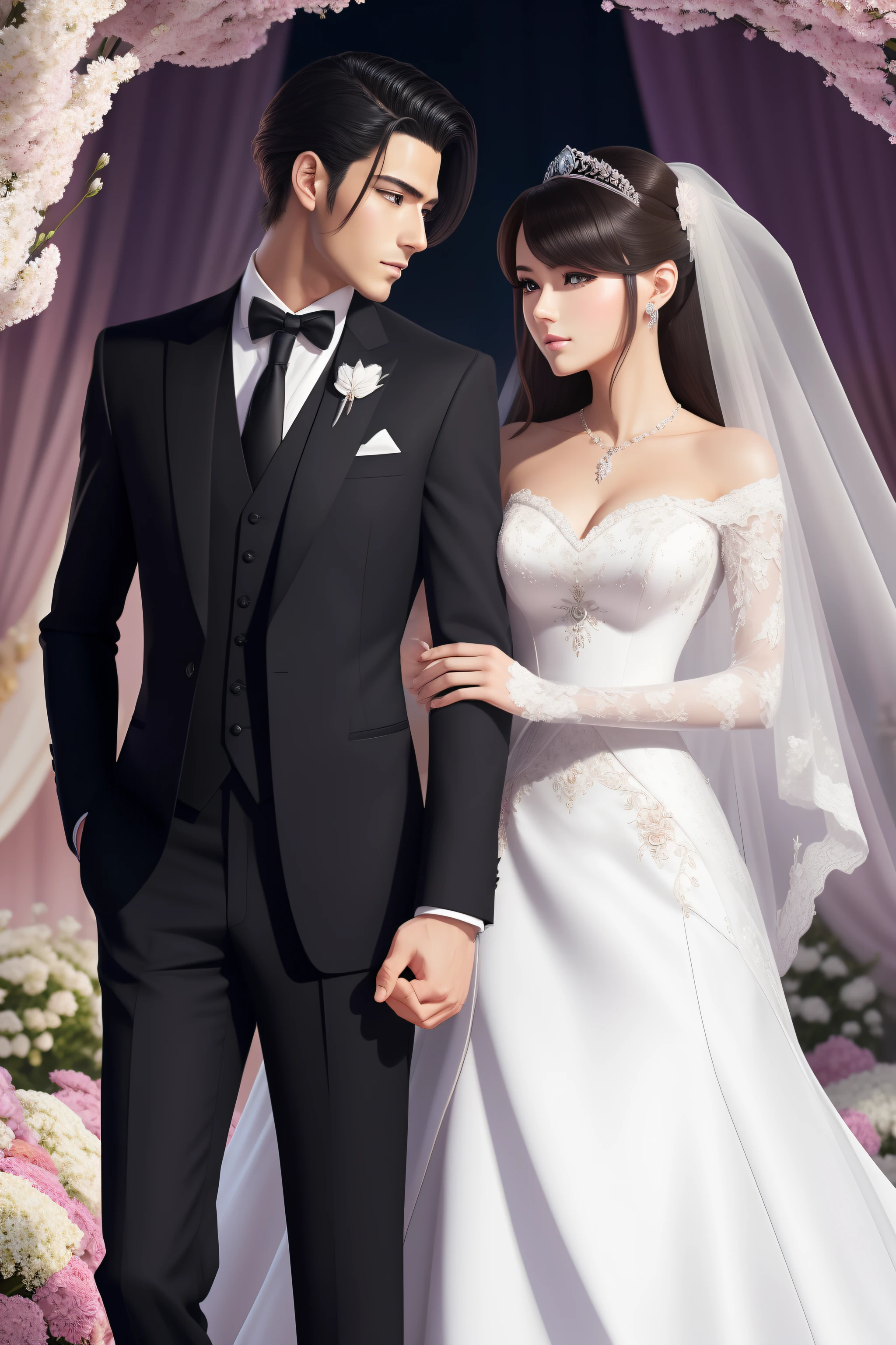 Anime - Stylistic images of men and women in formal wear, Strong and handsome man, royal elegant pose,Beautiful woman, Guviz-style artwork, Highly detailed beautiful couple piece, ((a beautiful fantasy empress)), High quality lovely couple, An elegant couple, The man wears a black aristocratic suit,The woman wears a wedding dress,Surrounded by flowers