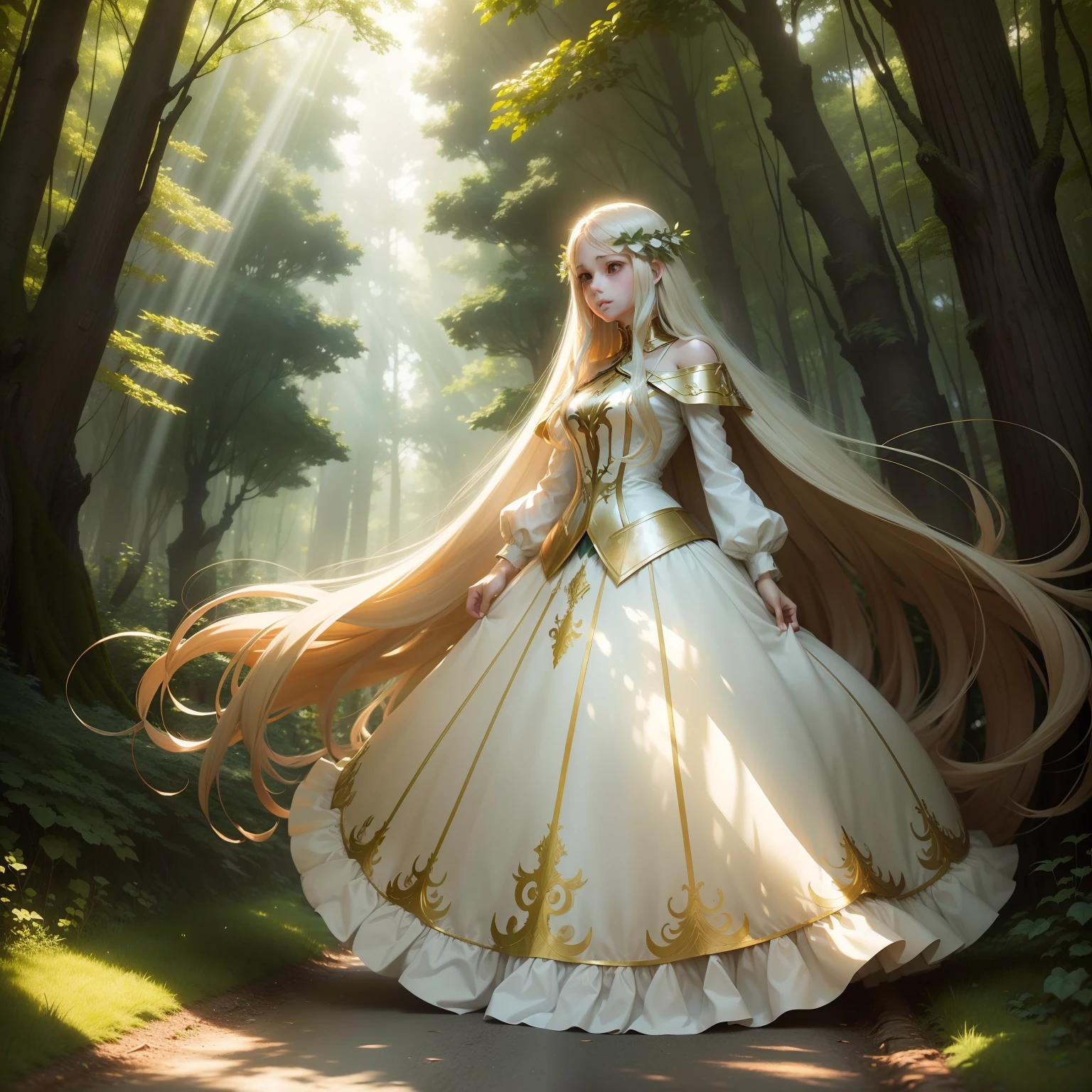 (Beautuful Women),long whitr hair,Shining with golden light,(long skirt),A long flowing dress,Good figure in the forest,On green meadows,((the trees)),(Winding creek),Sunlight shines through the gaps in the leaves,(style of anime)