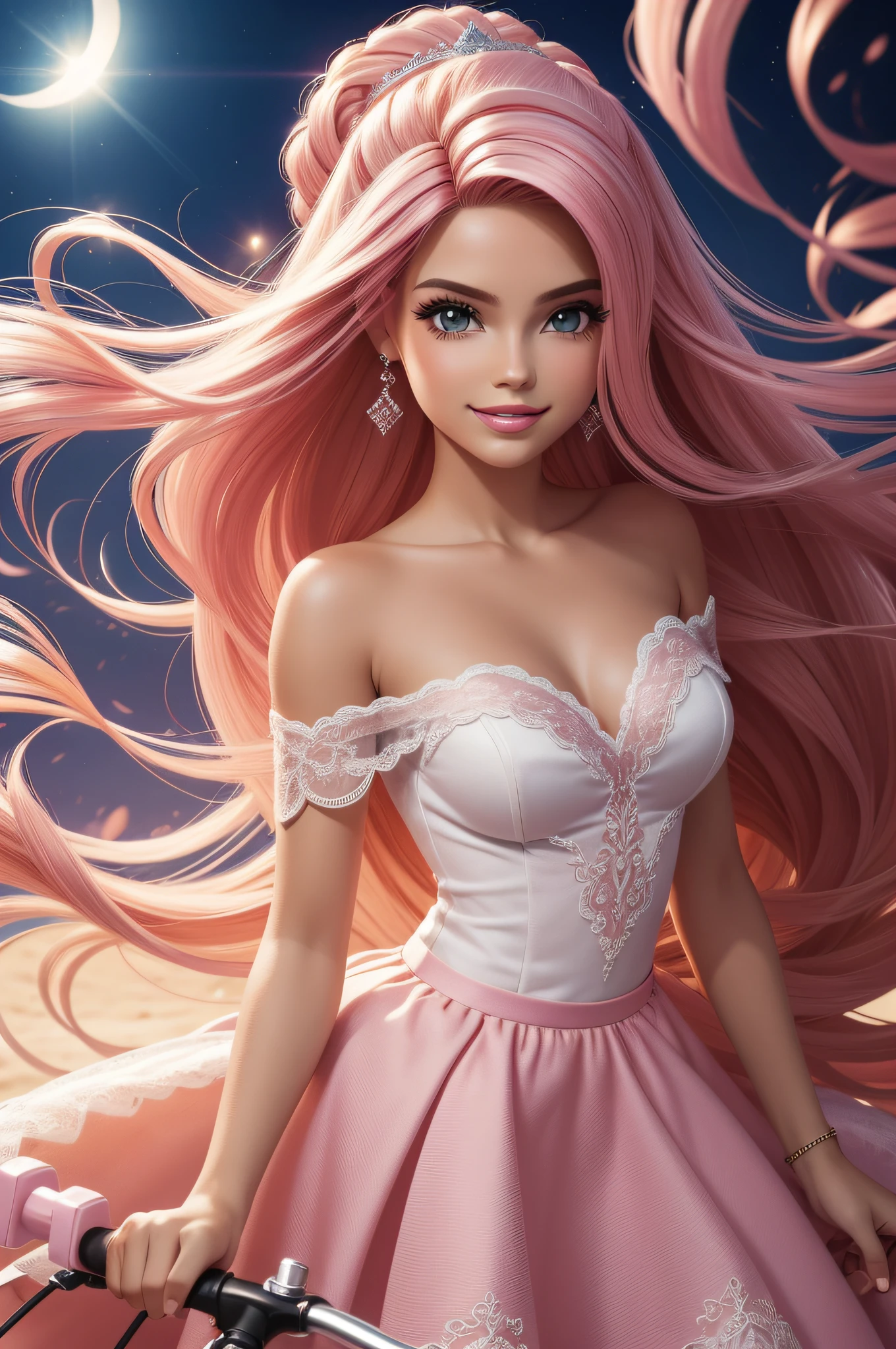 (Barbie pink background)),barbiecore,A princess,cabellos largos dorados,Kizi,delicated face
