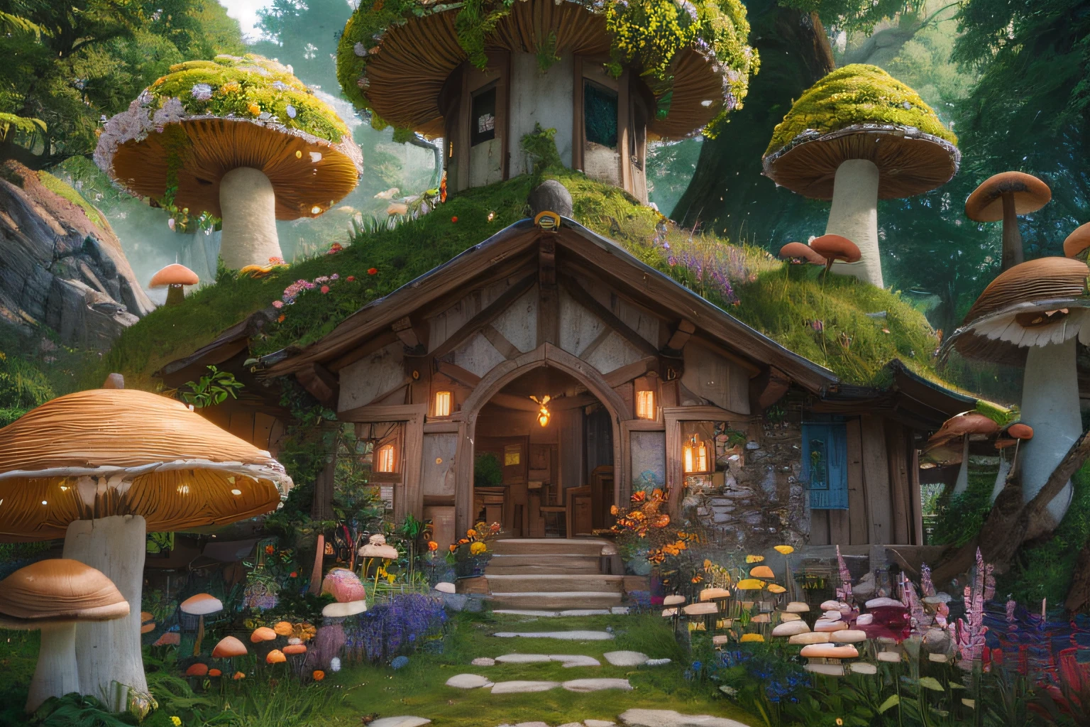 "A picturesque and captivating small village hidden amidst a verdant forest, teeming with charming and animated creatures, enveloped by vibrant mushrooms and flowers. 3D rendered with meticulous detail, this masterpiece showcases the enchanting beauty of the scene under the astounding effects of Octane Renderer and RTX technology."