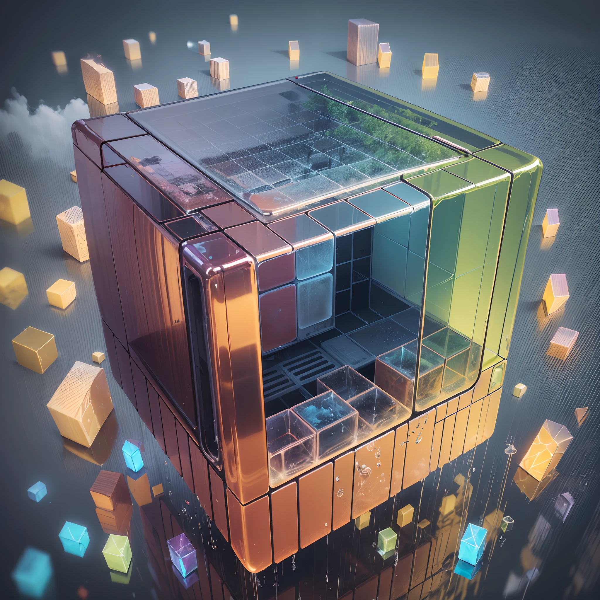 high-definition picture, high-quality Raw 8, high resolution, and clear edges of the structure, a cube with нумерация, internal фасадная turns of clear lines, iridescent,, internal structure, the cube is covered with a cloud of water, a lot of water, --auto --s2