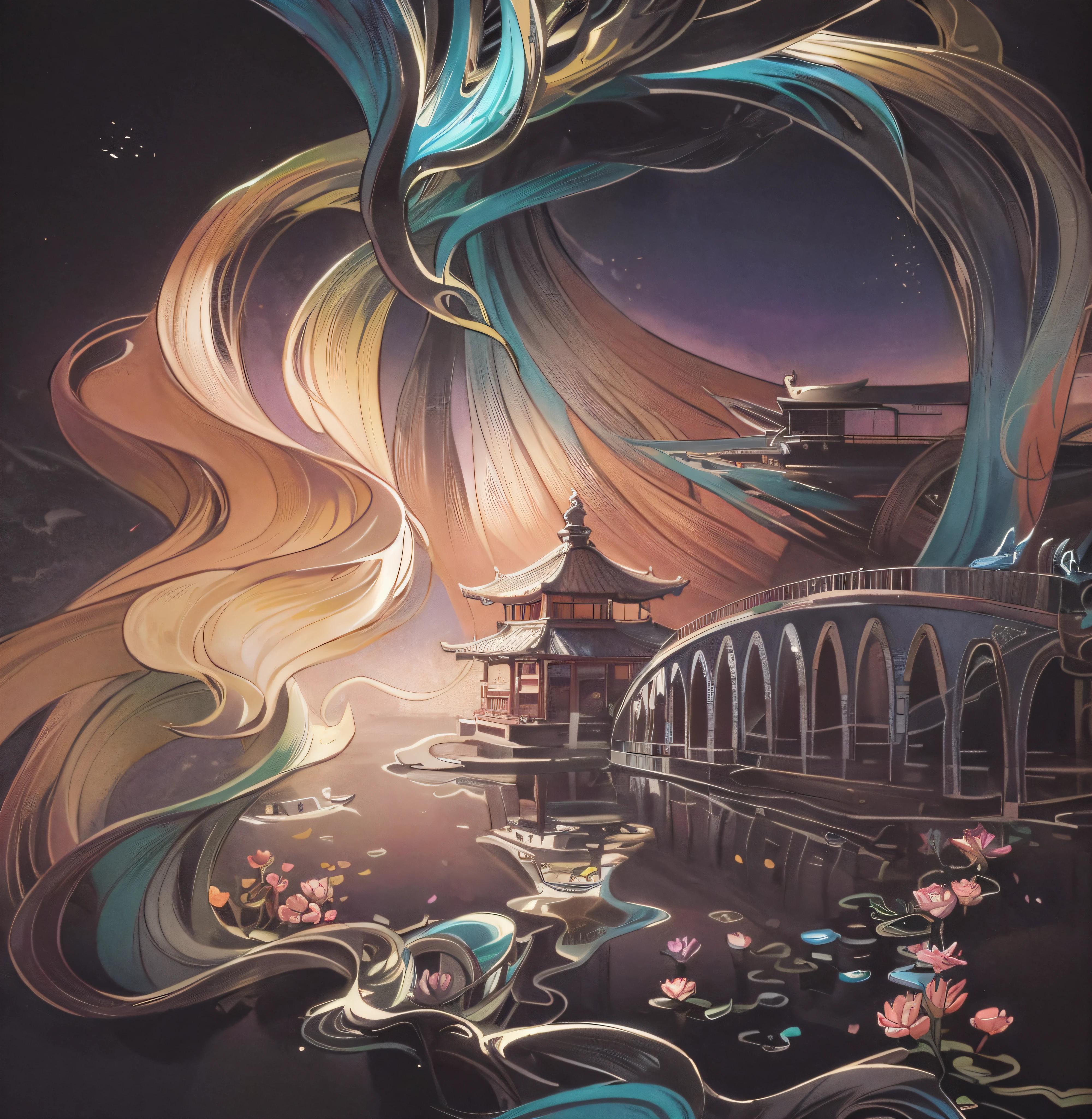 Drawing of a bird flying over a pond with a pagoda in the background, inspired by Tawaraya Sonda, , sunlight, masterpiece, colorful rays, ((color ink)), ((ink splash)), ((ink splash) ink) ink})))), superb detail, very epic composition, ultra high definition, high quality, extremely detailed, official art, uniform 8k wallpaper, superb detail, 32k - inches 6