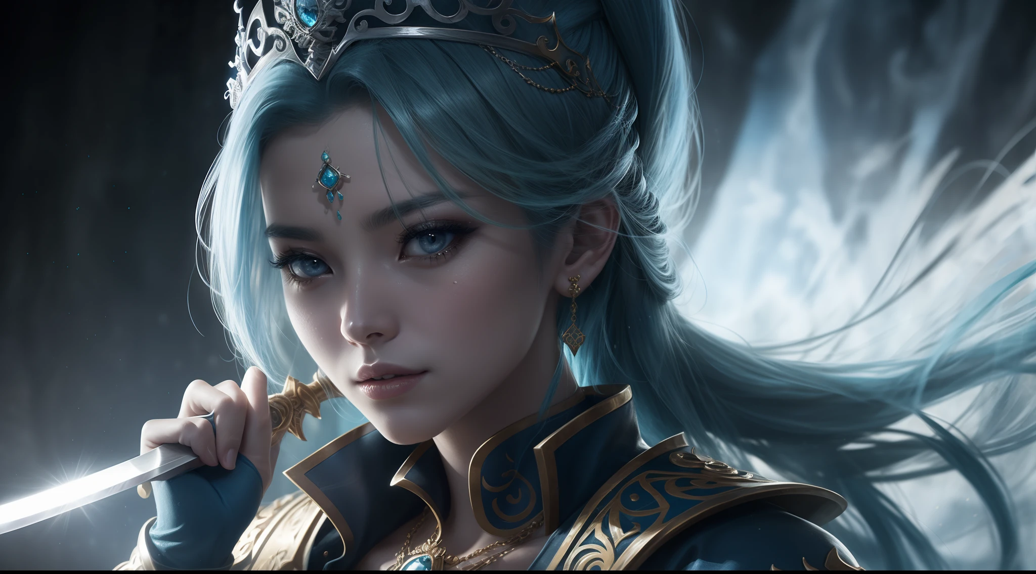 a close up of a woman with blue hair and a sword, concept art inspired by Lü Ji, trending on cg society, fantasy art, game cg, a beautiful fantasy empress, alluring princess knight, cinematic goddess close shot, portrait knights of zodiac girl, extremely detailed goddess shot, cinematic goddess shot, ((a beautiful fantasy empress)), biblical female, best quality, masterpiece, high_res, 1girl, hair ornament, necklace, jewelry, Beautiful face, photo realistic, rim lighting, (high detailed skin:1.2), 8k uhd, dslr, soft lighting, high quality, volumetric lighting, candid, Photograph, high resolution, 4k, 8k, medium breasts, absurdres, ponytail contorted, best ratio four finger and one thumb, (Rosy Zhao 赵露思:0.9),