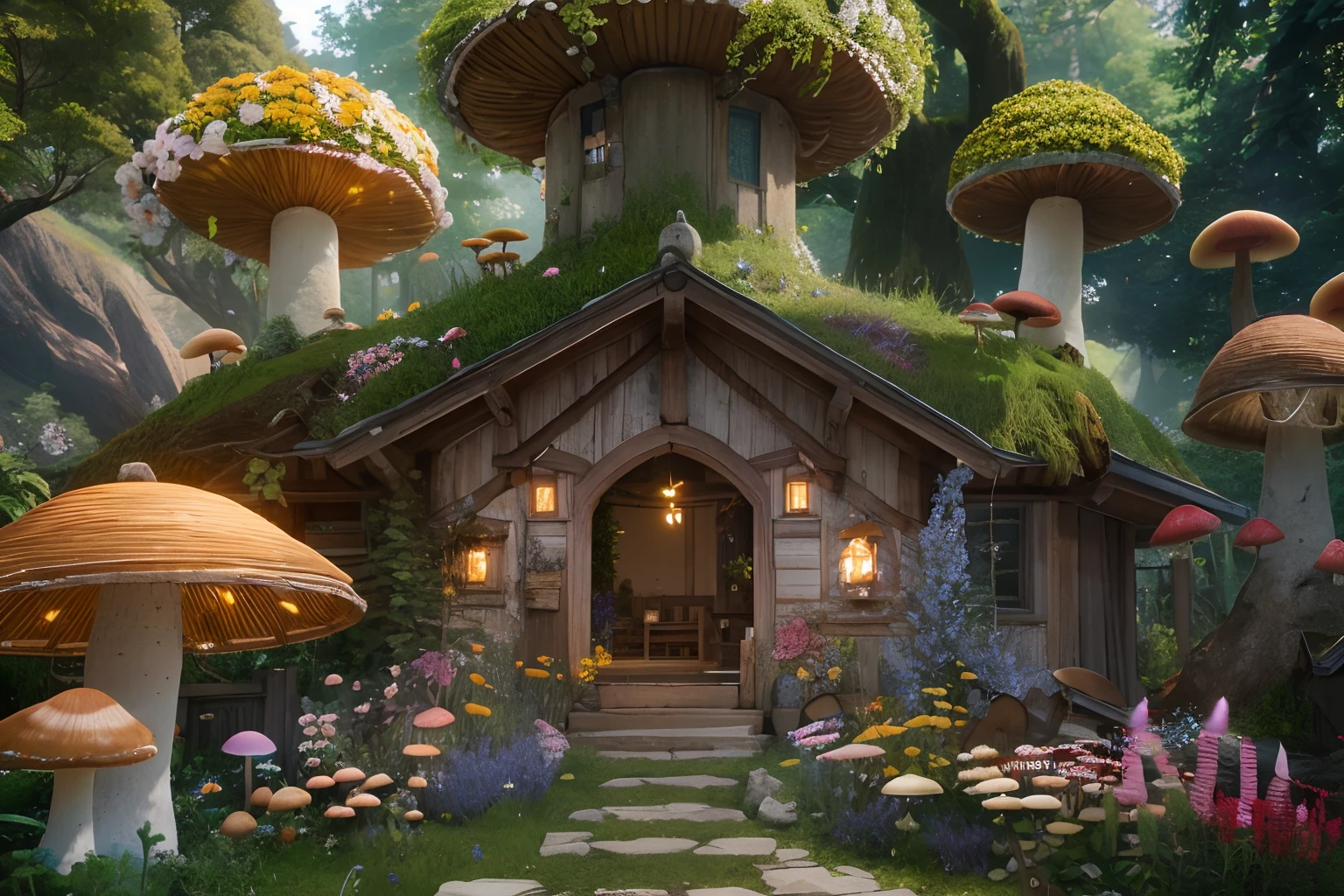 "A picturesque and captivating small village hidden amidst a verdant forest, teeming with charming and animated creatures, enveloped by vibrant mushrooms and flowers. 3D rendered with meticulous detail, this masterpiece showcases the enchanting beauty of the scene under the astounding effects of Octane Renderer and RTX technology."