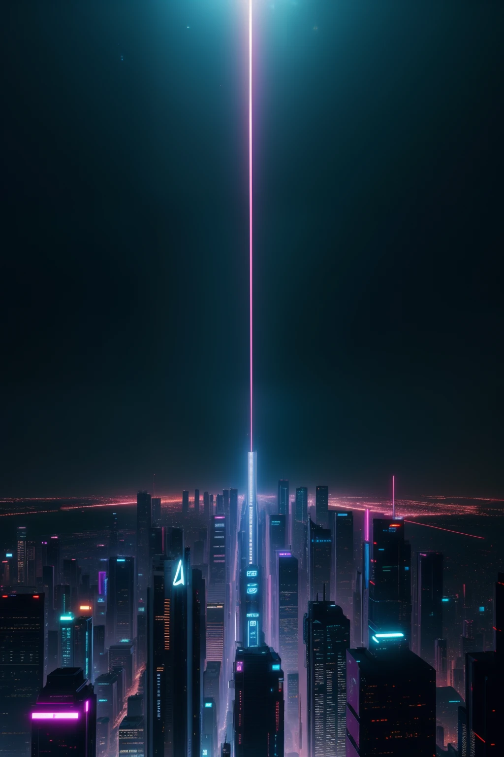 An expansive cityscape of towering cyberpunk buildings, iluminado por um deslumbrante conjunto de luzes neon.