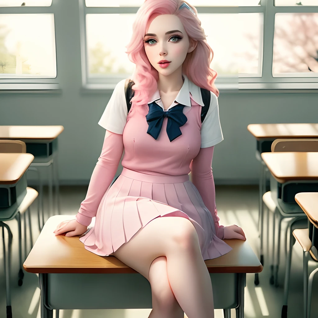 Pink hair woman in pink school girl unifrom sitting in desk in classroom, amouranth, belle delphine, angelawhite, young beautiful amouranth, better known as amouranth, smooth pink skin, glamourous cosplay, blonde goddess, lacey, anna nikonova aka newmilky, alexa grace, elegant glamourous cosplay, pink girl, loli