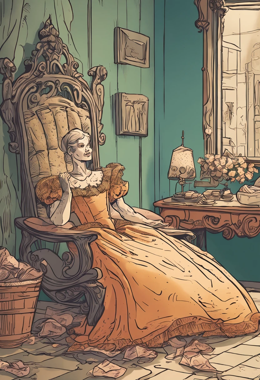 Crie uma cena do dia a dia de Cinderela, showing her washing clothes and sweeping the floor.
Show the half-sisters relaxing in chairs while Cinderella works, highlighting injustice.