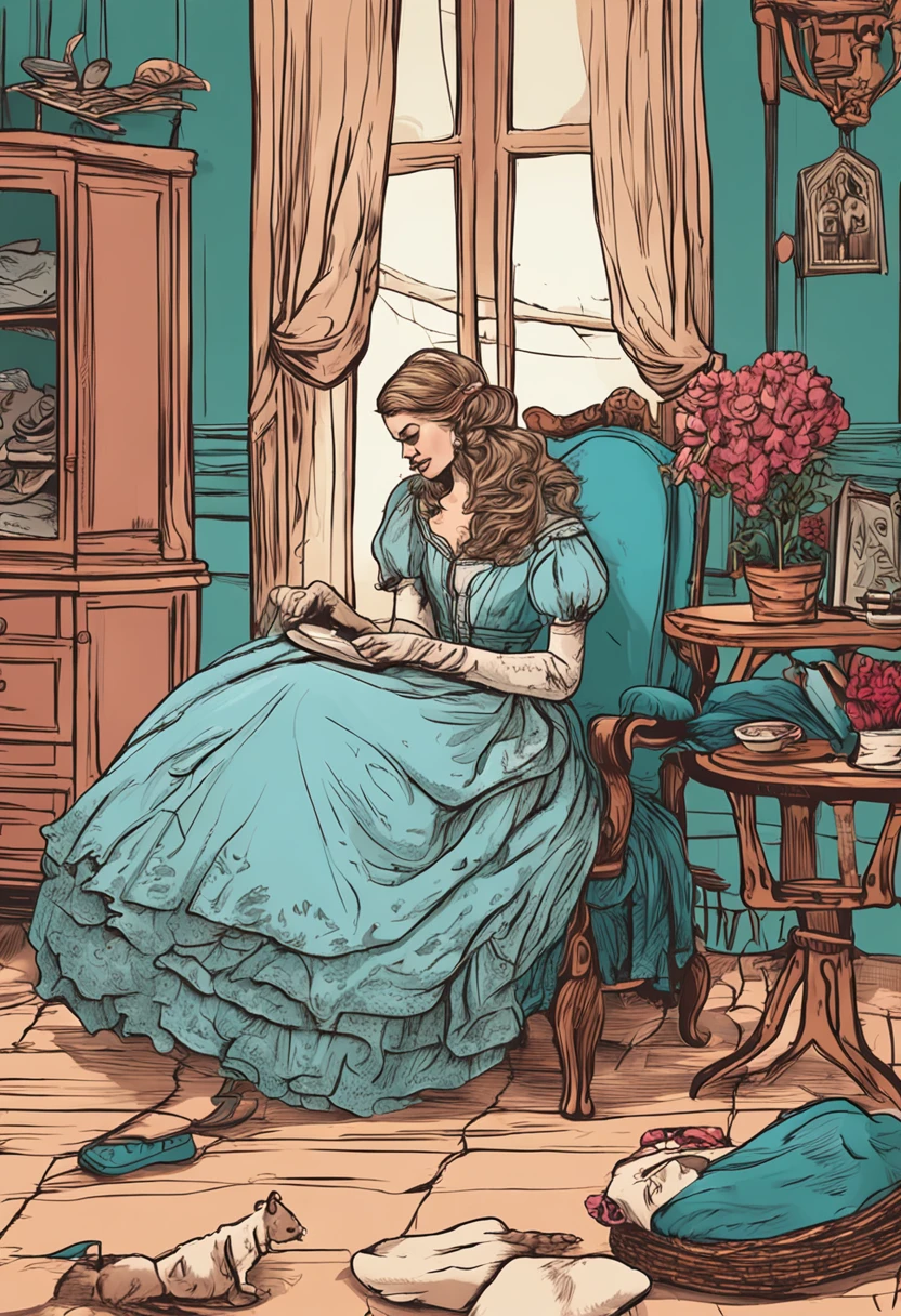 Crie uma cena do dia a dia de Cinderela, showing her washing clothes and sweeping the floor.
Show the half-sisters relaxing in chairs while Cinderella works, highlighting injustice.