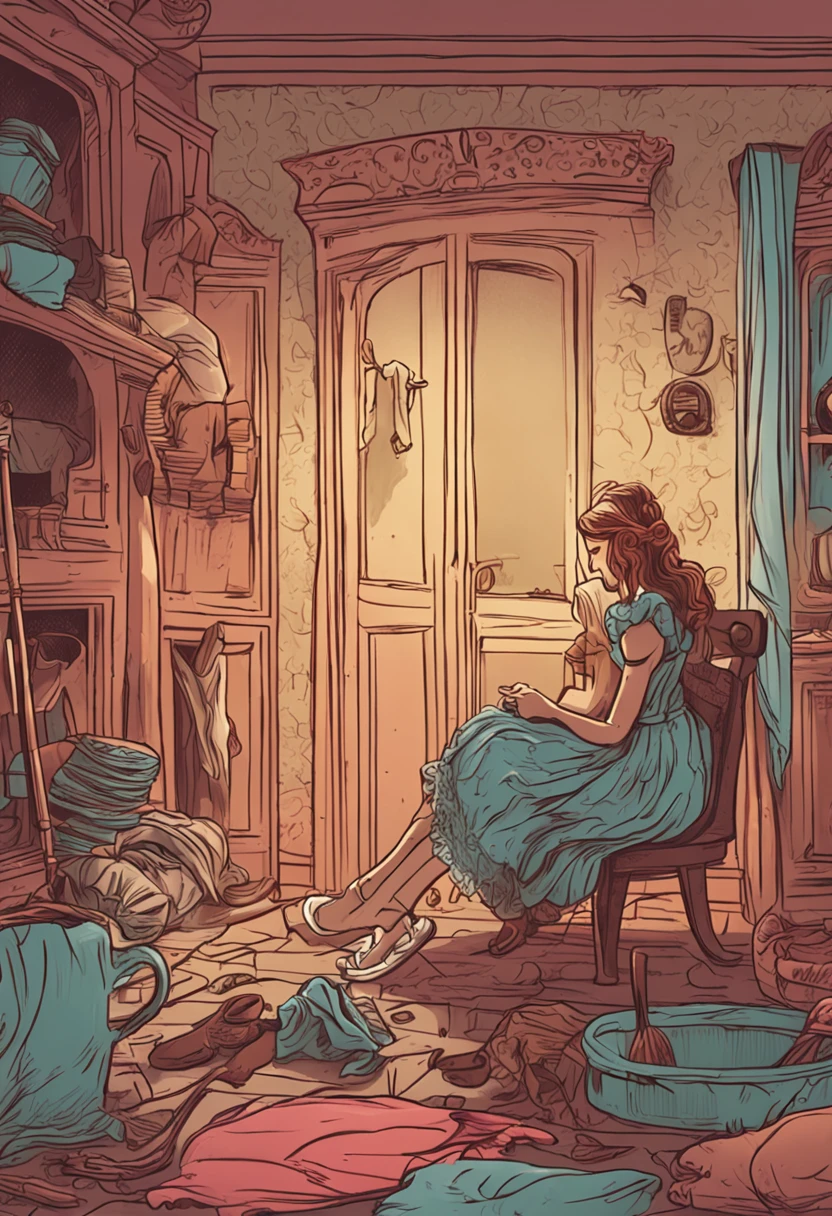 Crie uma cena do dia a dia de Cinderela, showing her washing clothes and sweeping the floor.
Show the half-sisters relaxing in chairs while Cinderella works, highlighting injustice.