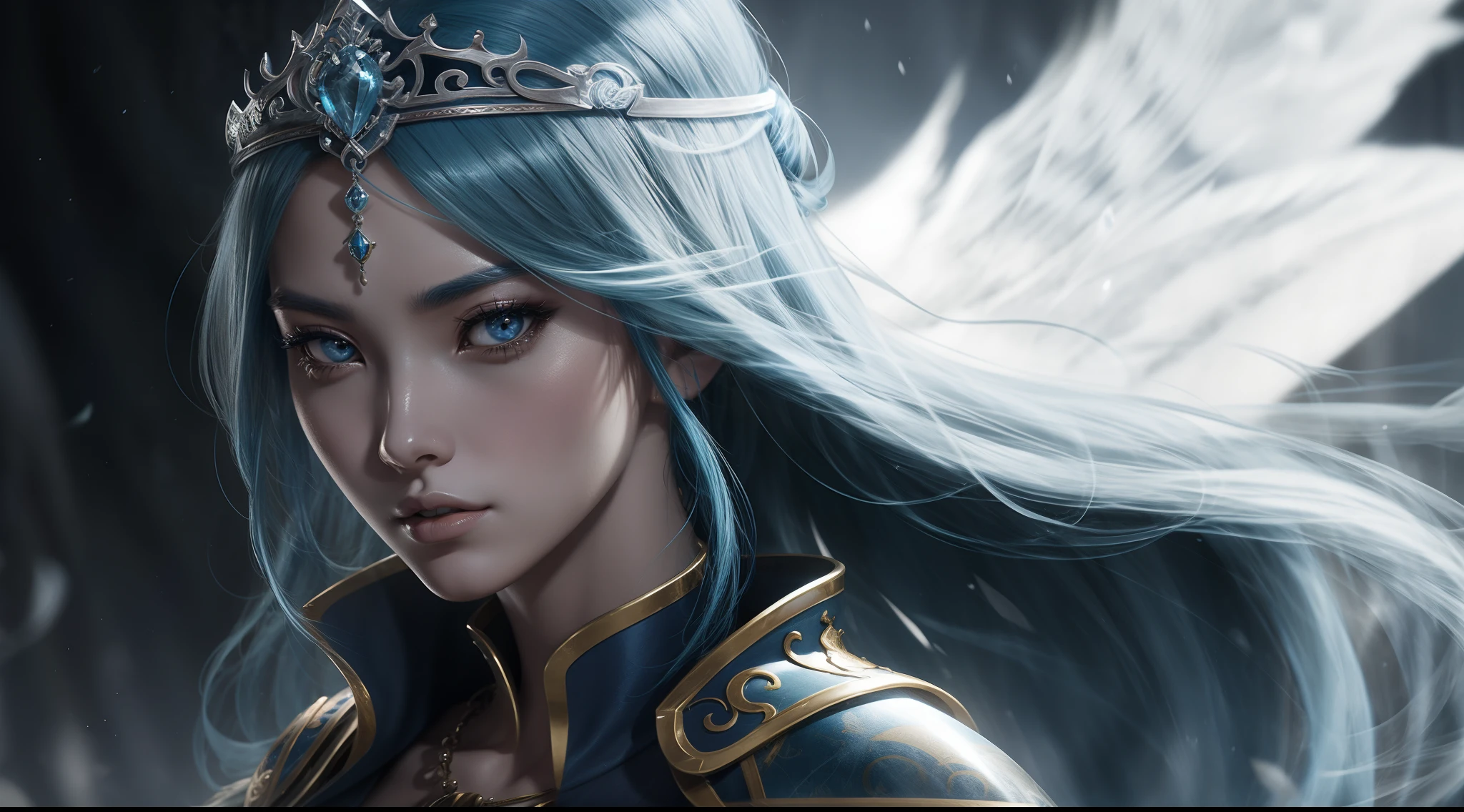 a close up of a woman with blue hair and a sword, concept art inspired by Lü Ji, trending on cg society, fantasy art, game cg, a beautiful fantasy empress, alluring princess knight, cinematic goddess close shot, portrait knights of zodiac girl, extremely detailed goddess shot, cinematic goddess shot, ((a beautiful fantasy empress)), biblical female, best quality, masterpiece, high_res, 1girl, hair ornament, necklace, jewelry, Beautiful face, photo realistic, rim lighting, (high detailed skin:1.2), 8k uhd, dslr, soft lighting, high quality, volumetric lighting, candid, Photograph, high resolution, 4k, 8k, medium breasts, absurdres, ponytail contorted, best ratio four finger and one thumb, (Rosy Zhao 赵露思:0.9),