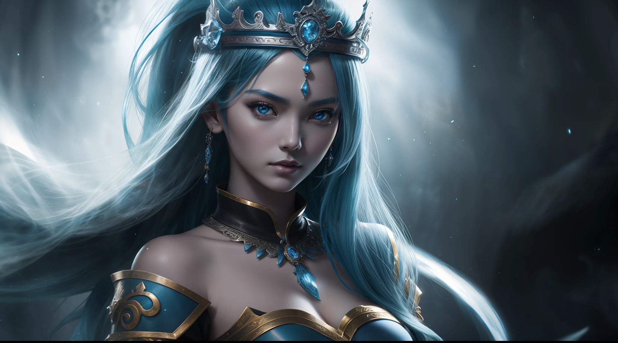 a close up of a woman with blue hair and a sword, concept art inspired by Lü Ji, trending on cg society, fantasy art, game cg, a beautiful fantasy empress, alluring princess knight, cinematic goddess close shot, portrait knights of zodiac girl, extremely detailed goddess shot, cinematic goddess shot, ((a beautiful fantasy empress)), biblical female, best quality, masterpiece, high_res, 1girl, hair ornament, necklace, jewelry, Beautiful face, photo realistic, rim lighting, (high detailed skin:1.2), 8k uhd, dslr, soft lighting, high quality, volumetric lighting, candid, Photograph, high resolution, 4k, 8k, medium breasts, absurdres, ponytail contorted, best ratio four finger and one thumb, (Rosy Zhao 赵露思:0.9),