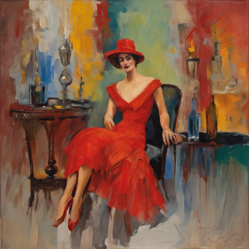 Wide angle view, Oil on canvas by Claude Monet style, a beautiful woman from the 1920s, she is elegant, she has a red dress on and a lovely hat, she has brown hair, blue eyes, she is in a 1920s Paris bar, she is sitting at the bar in a chair, it's a majestic place, a lovely chandelier hanging, soft romantic lighting, there is a man at the other end of the bar, nice suite on, handsome and they are looking at each other, she has a perfect face, no strange eyes or hands, this is a fine art painting