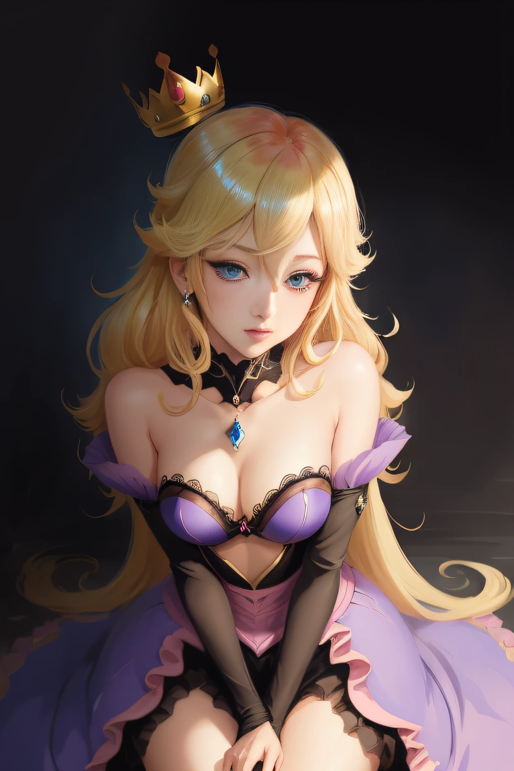 princess peach, blue eyes, sexy pink and black dress, thin, classy, black background, slick, cleavage, crown, laced bra, blonde, alluring, seductive, (2d cute anime:1.3), Vixip, pastel background, design by Yusuke Kozaki, oil by Gregory Manchess; stunningly alluring, teasing, beautiful, Hand drawing illustration. highly detailed. Cinematic lighting. By sumic.mic