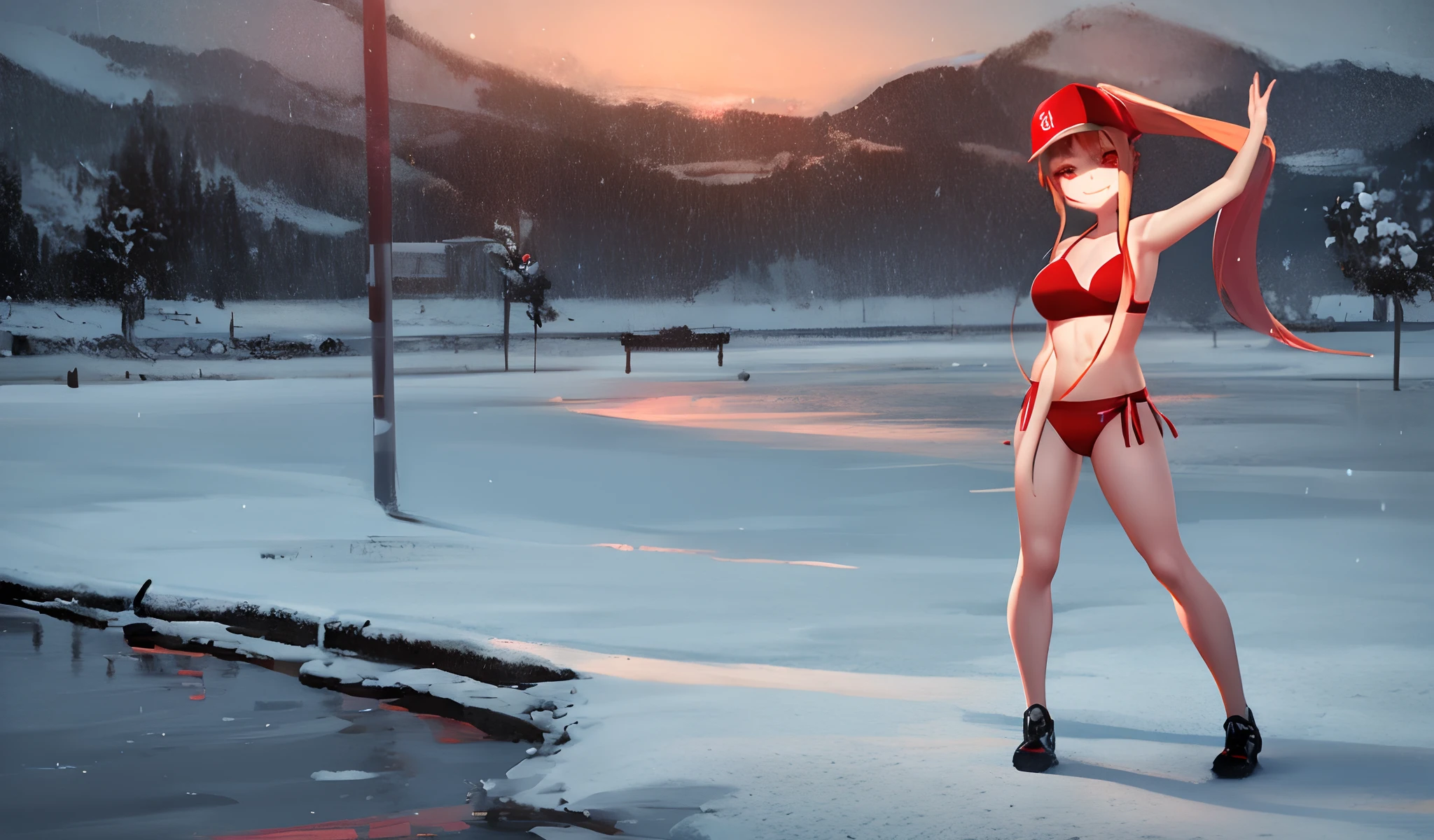 A beautiful Chinese girl，Standing in the snow in a bikini，Wearing a baseball cap，Long straight legs，High ponytail，Hands tied behind your back，smiling at camera