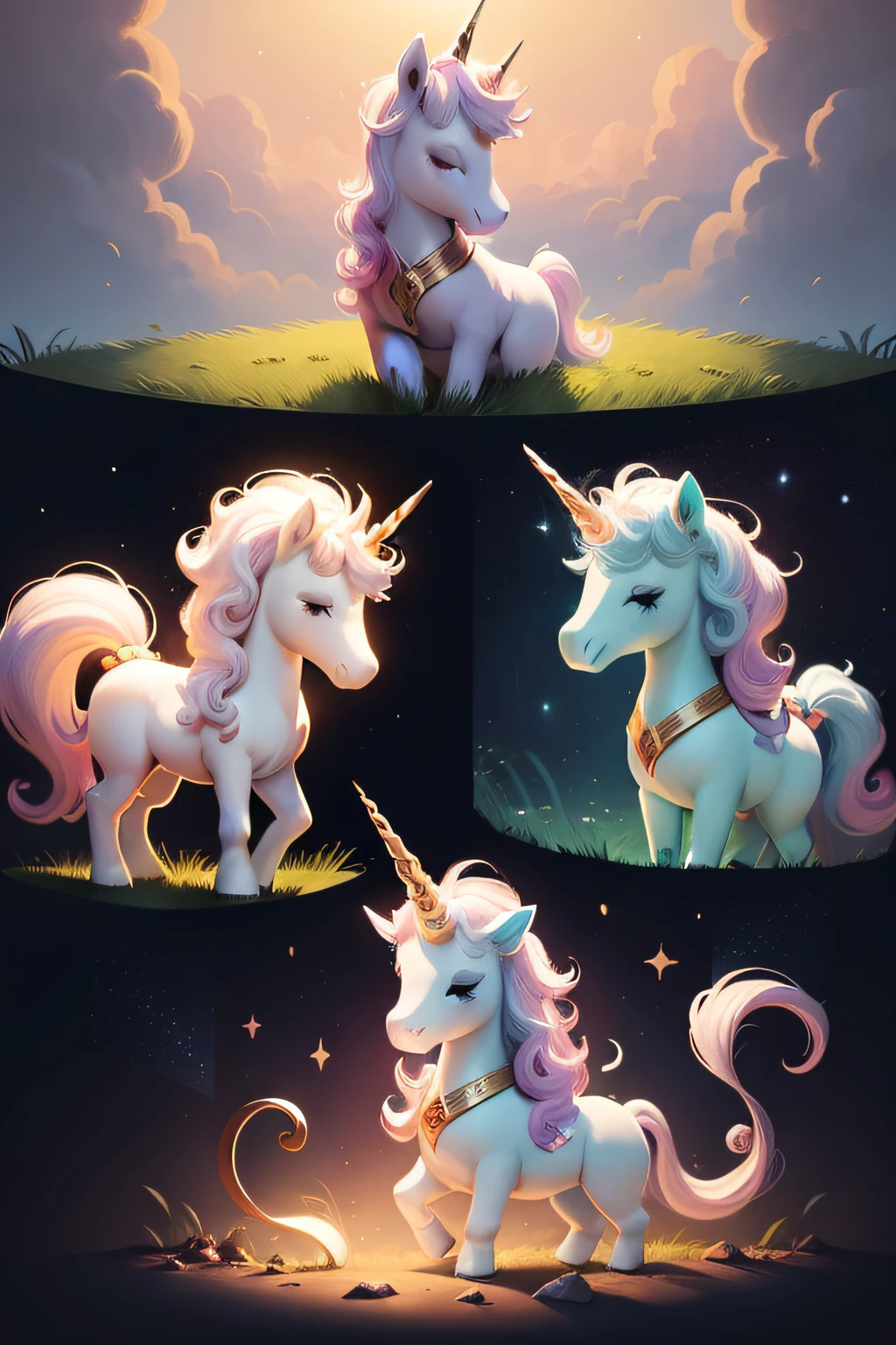 The Unicorn and the Source of Eternal Dreams, various poses and expressions on white background, children's book ilustration style, fofo, pequeno, cores, chifre dourado