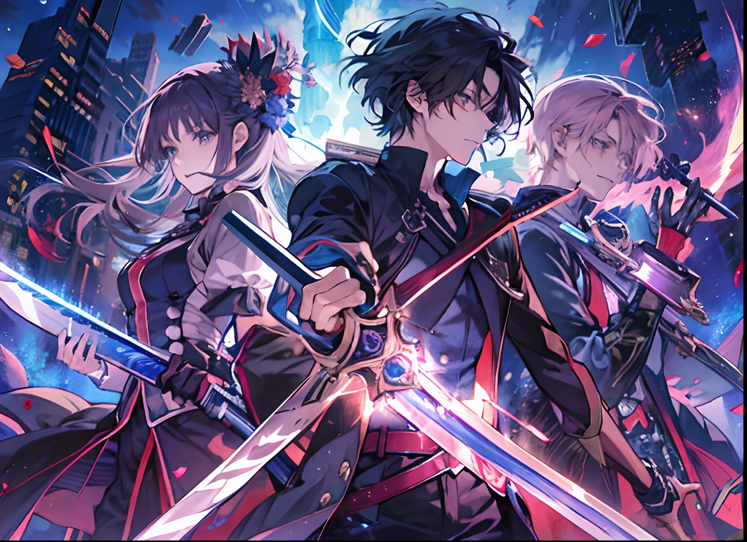 anime characters with swords in their hands in front of a starr sky, anime cover, dual wielding two magical swords, wlop and sakimichan, dramatic duel of the fates, detailed key anime art, anime style like fate/stay night, dual swords, sirius a and sirius b, 1 girl, 1 boy