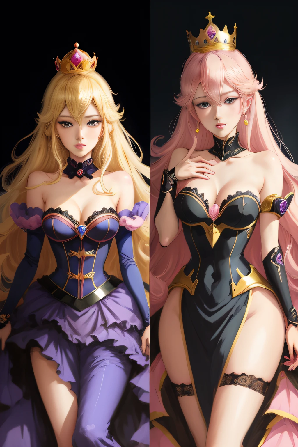 princess peach, blue eyes, sexy pink and black dress, thin, classy, black background, slick, cleavage, crown, laced bra, blonde, alluring, seductive, (2d cute anime:1.3), Vixip, pastel background, design by Yusuke Kozaki, oil by Gregory Manchess; stunningly alluring, teasing, beautiful, Hand drawing illustration. highly detailed. Cinematic lighting. By sumic.mic