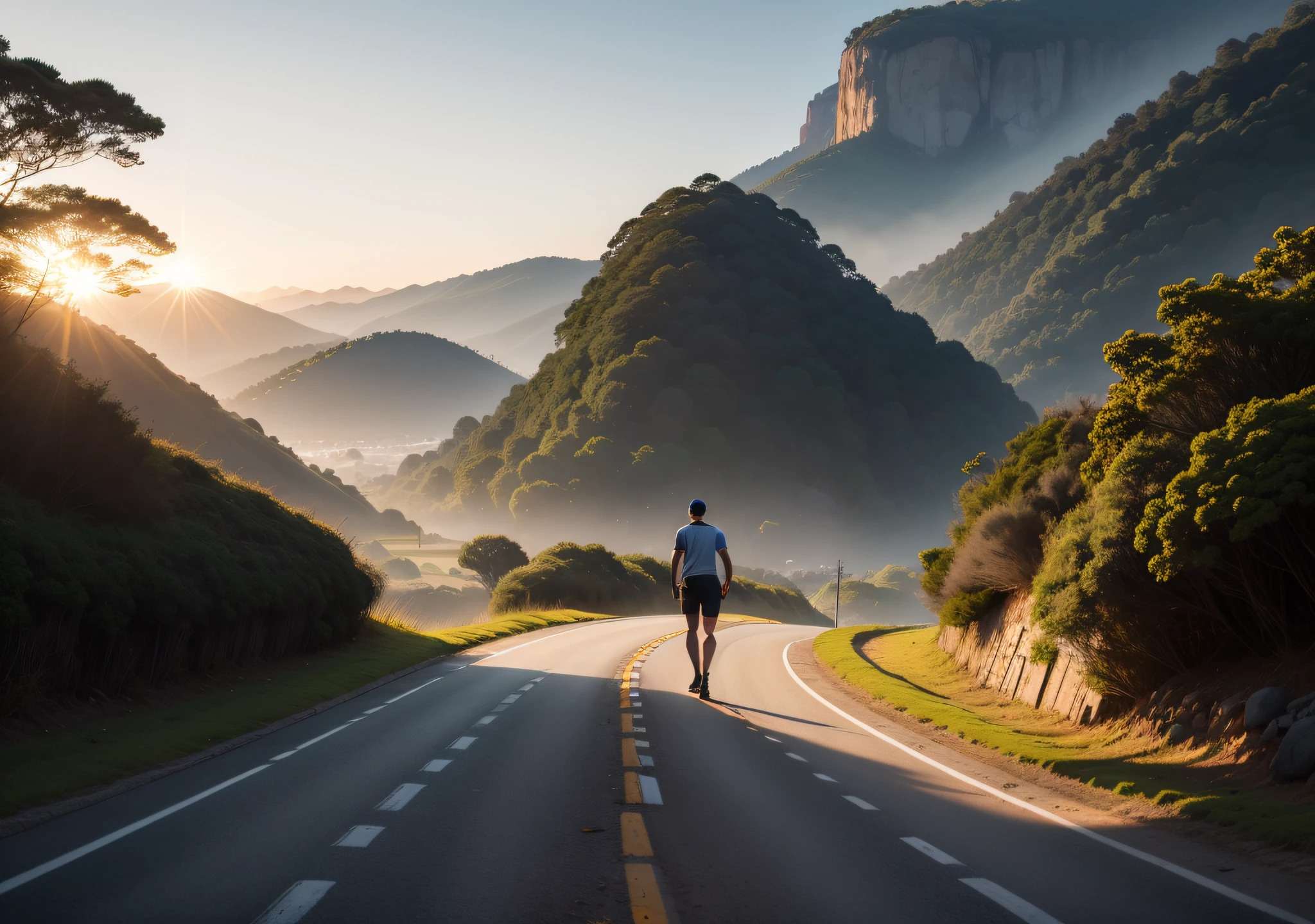 Imagem de um homem de costas, uma estrada longa e sinuosa,Luz brilhante que leva ao horizonte,bright morning,raios solares,bela vista