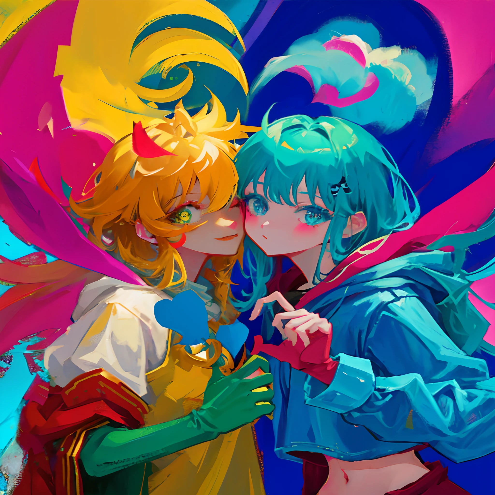 anime couple kissing in front of a colorful background, 8 0 s anime art style, red and cyan, 9 0 s anime art style, zerochan art, jazza and rossdraws, vermillion and cyan, anime style 4 k, dreamy psychedelic anime, in the art style of 8 0 s anime, knights of zodiac girl