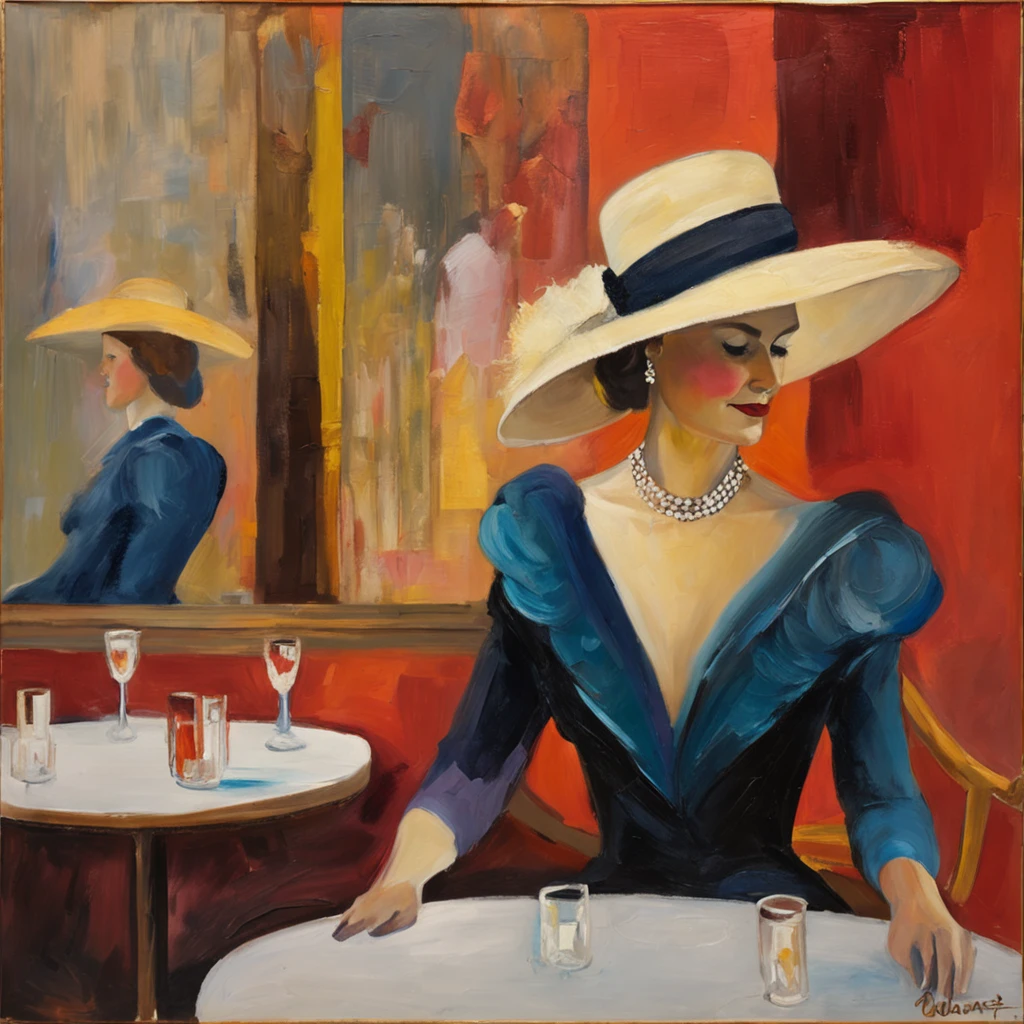 Wide angle view, Oil on canvas by Claude Monet style, a beautiful woman from the 1920s, she is elegant, she has a red dress on and a lovely hat, she has brown hair, blue eyes, she is in a 1920s Paris bar, she is sitting at the bar in a chair, it's a majestic place, a lovely chandelier hanging, soft romantic lighting, there is a man at the other end of the bar, nice suite on, handsome and they are looking at each other, she has a perfect face, no strange eyes or hands, this is a fine art painting