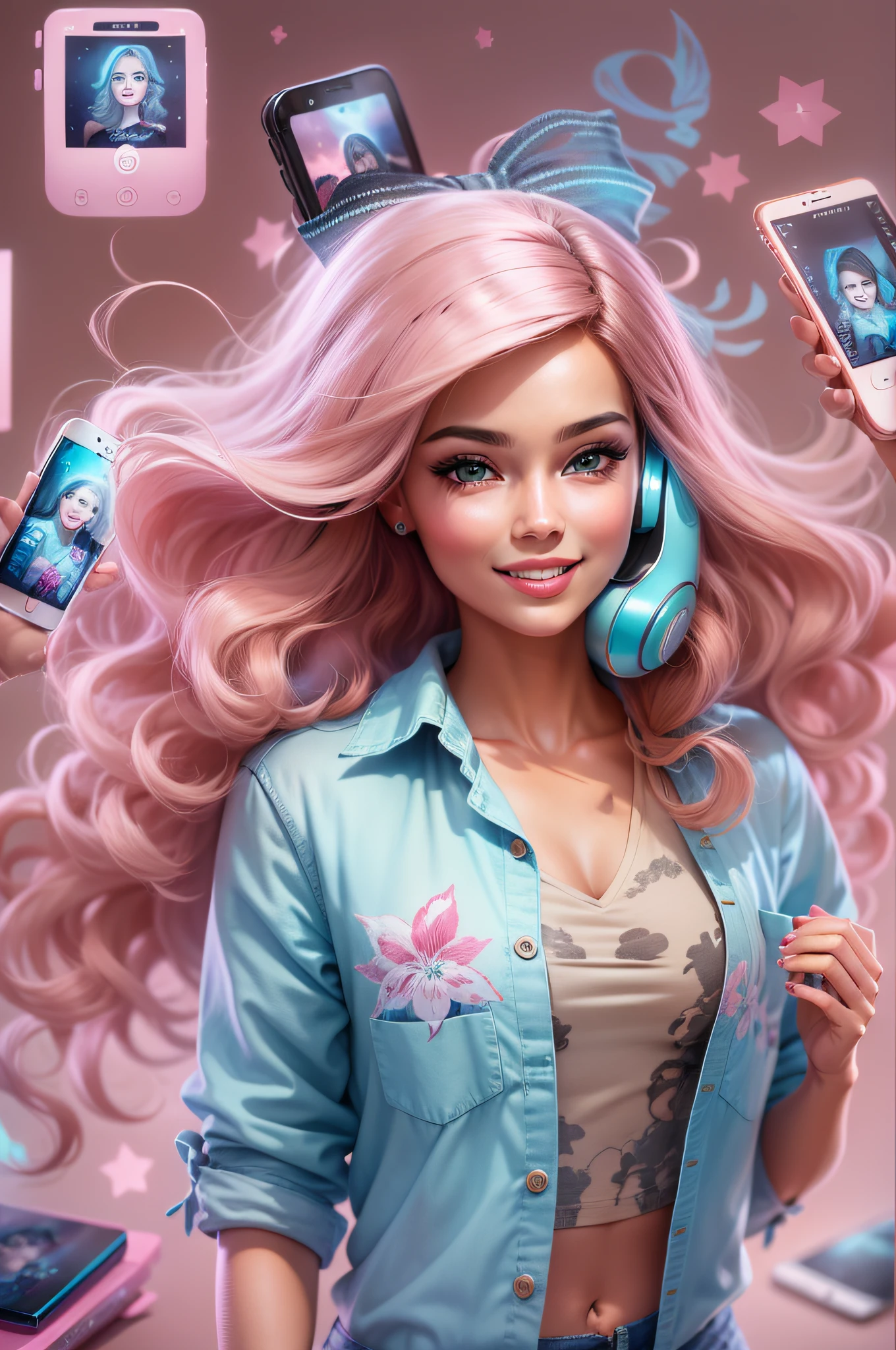 digital illustation, hiperrealista uma garota feliz , cabelo loiro, estilo barbie, falando ao telefone celular,camisa cor de rosa, Escura, olhos azuis iluminados, sorridente, Enquadramento aberto, corpo inteiro. Estilo Barbie, detalhes sobre roupas. beleza angelical, fundo neutro sem nada.