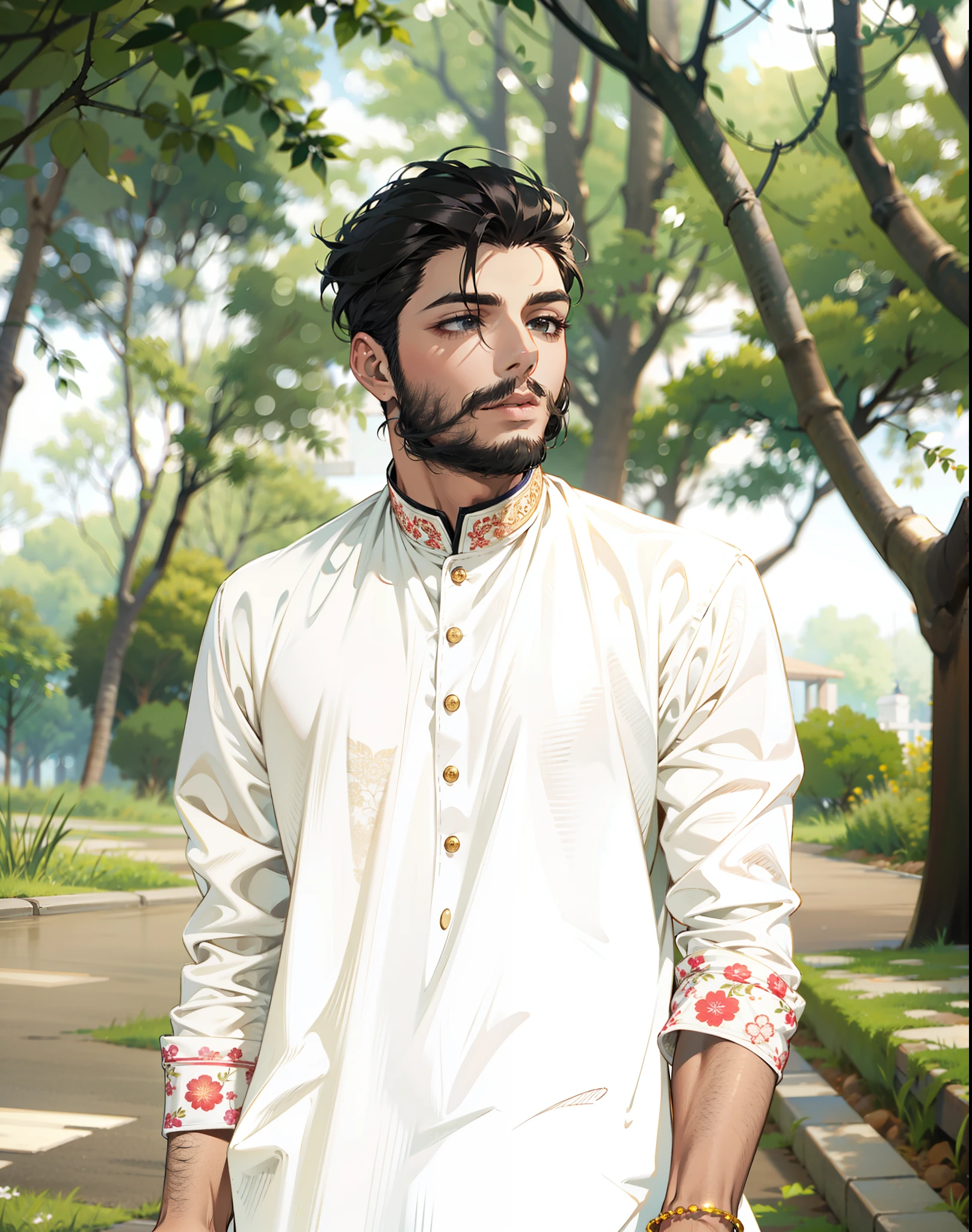 (masterpiece),(best quality:1.0), (ultra highres:1.0), detailed illustration, 8k,1boy, anime boy, wearing panjabi, white pants, intricate details, detailed face, black eyes, detailed eyes, detailed hair, highlights in hair, highly detailed, anime style, vibrant