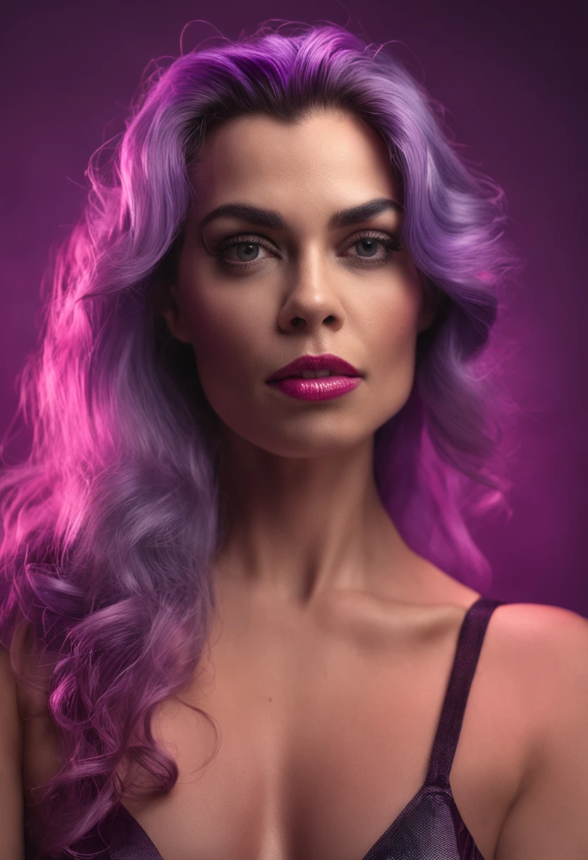 Uma mulher em um espartilho roxo posa para uma foto, decote exposto, silicone belos seios, figura voluptuosa, cabelos brancos , fotografia, realismo, detalhe, Sindell trava batalhas mortais, hiper HD, cartaz para, master part, Background gray and smoke,