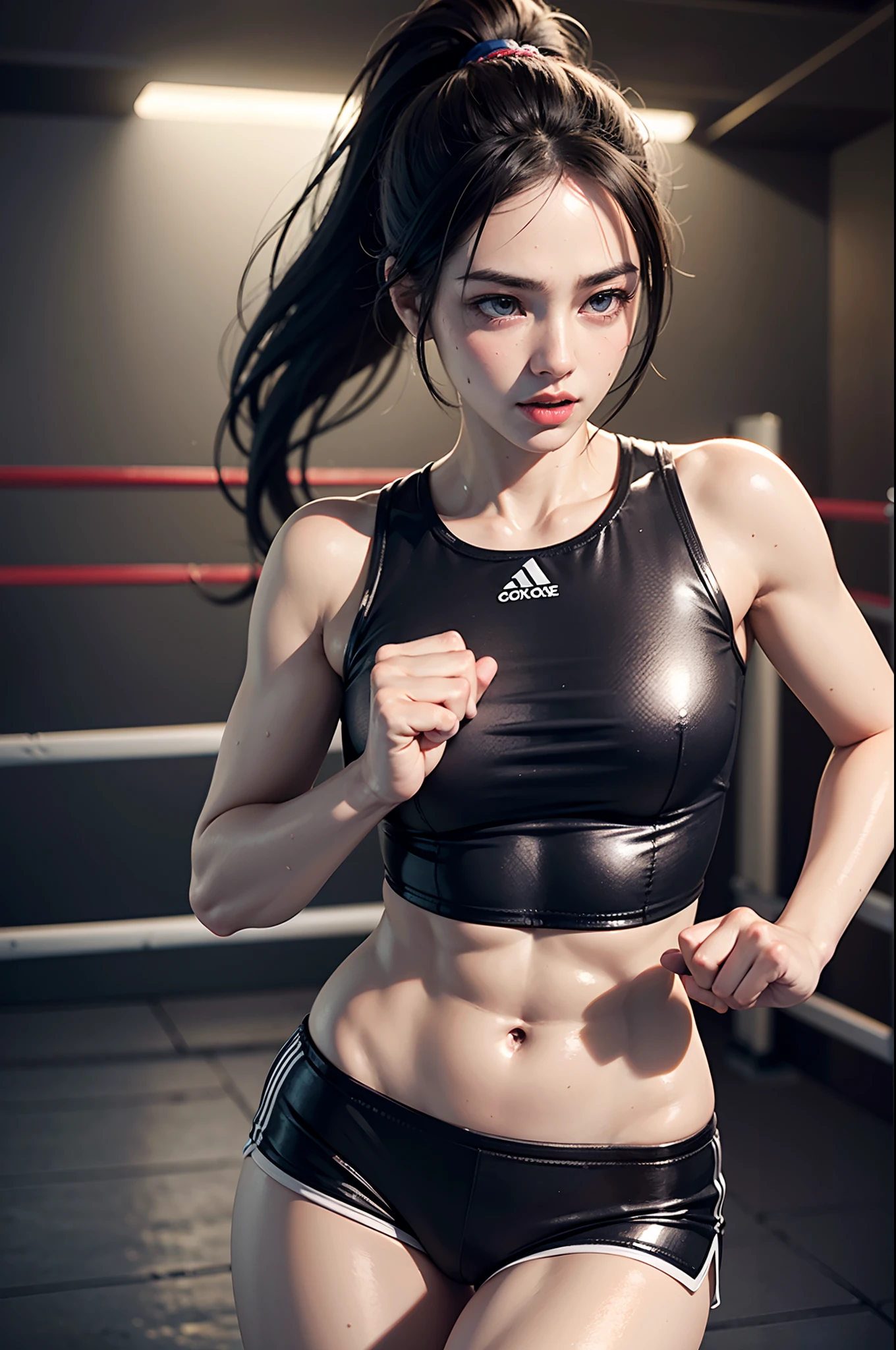 (original) , (very detailed wallpaper) , (best quality) , (masterpiece) , photographic reality, realistic, very detailed illustrations, (1 girl) , beautiful eyes, (delicate face) , perfect detail, (best lighting) , (super complex details) , 
 (boxing girl) , (sexy), sweat, heavy breathing, (oppressive attack) , (boxing ring) , athletic shorts, perfect detail, perfect fingers, perfect limbs, impact, (shiny skin) , abs, muscles, waistline,boxing shorts, fist fight, black hair, high ponytail, very long hair, 
4K unified, (super detailed CG: 1.2) , (8K: 1.2) , realistic, octane rendering