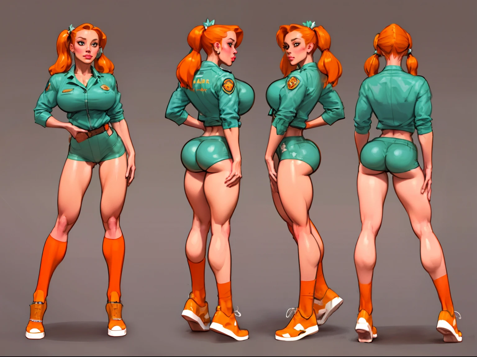 ((masterpiece)),(((best quality))),((character design sheet)), illustration,1woman, environment Scene change, (low twin Tails:1.4),((park ranger)), muscular, white legs, thick legs, (pale skin:1.3)scribbles and marks, (gigantic ass:1.1) cargo shorts, ((detailed face:1.1)), rough sketches, (puffy lips:1.4), pose too, ((orange hair:1.2)), (park ranger outfit:1.5) , 8k,16k, (simple background, light background: 1.3)