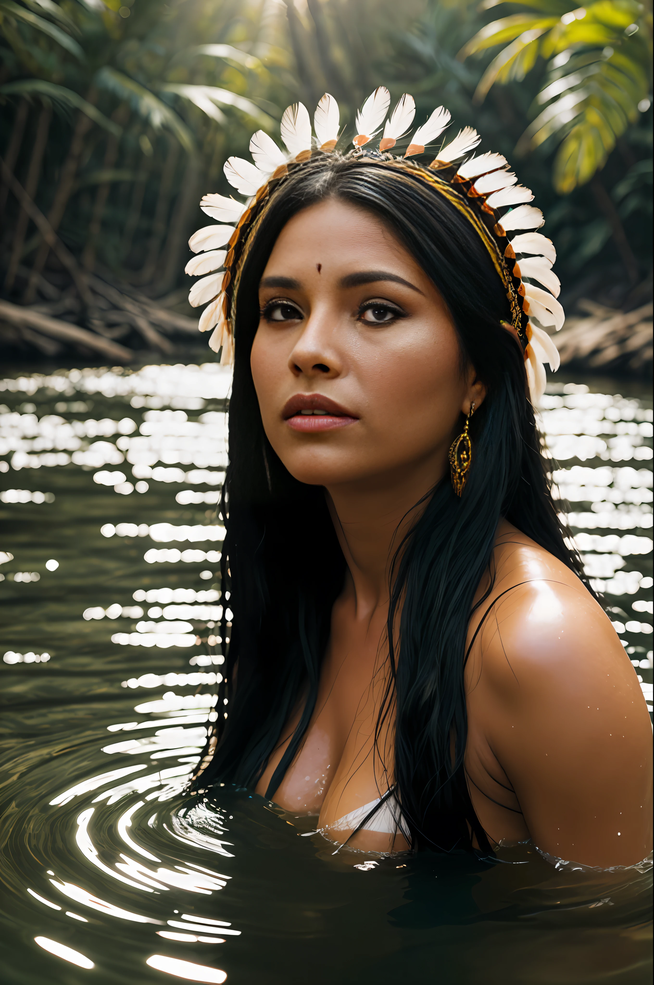 portrait of a beautiful woman, 40 years old. Of the tanned skin, cabocla, long black hair, straight at the height of the back, fringe of Amazonian India, headdress of feathers, western eyes, honey color, fluffy turned, ((big cheeks)), bathing to the natural, in a deep river and with transparent waters that show the silhouette of his submerged body, only with the head and neck out of the water,  between reeds, (backlit), realistic, masterpiece, high quality, brightness, shadow, flower, [[chromatic aberration]], by Jeremy Lipking, by Antonio J. Manzanedo, digital painting, Brazilian, 8k uhd,, forest, stones on the bank, river, wood, smoke, shadows, contrast, clear sky, style , (warm hue, warm tone)