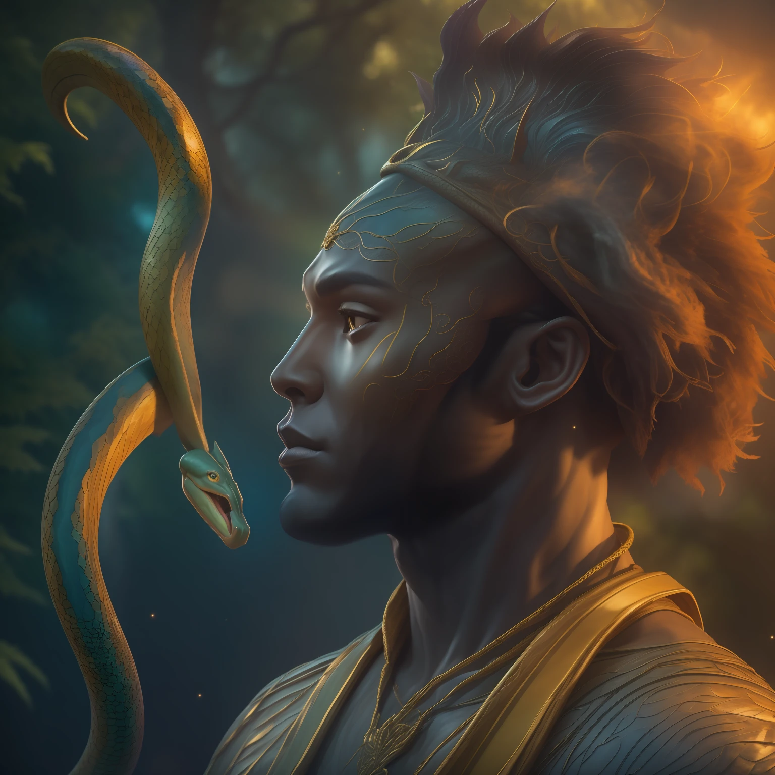 African god, full body. half of the body is Phyton snake tail. his snake skin is extremely detailed and lifelike with the skin glowing in rainbow colors. forest landscape, light particles, sunrays, dramatic lighting, grass, leaves, bright (yellow, purple, blue gradient: 1.5) RAW photo，Portrait frame，Realistic scales，ultrahigh-resolution，Realistic photo，Best quality, extremely detailed 8k，DSLR，Professional photography lighting，Distant view，Full body.