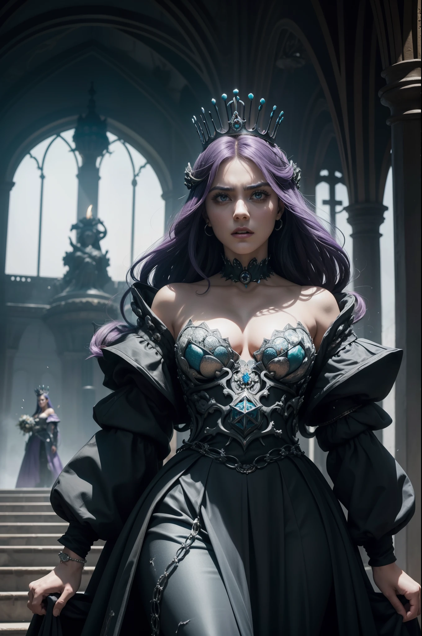 (obra maestra) (La mejor calidad) La diosa de la locura. Has a mocking and sinister expression., Lleva ropa hecha jirones, He wears a tarnished crown and stands on a shattered throne....... She is surrounded by a wind of chaotic fumes of strange colors....... (pechos grandes)