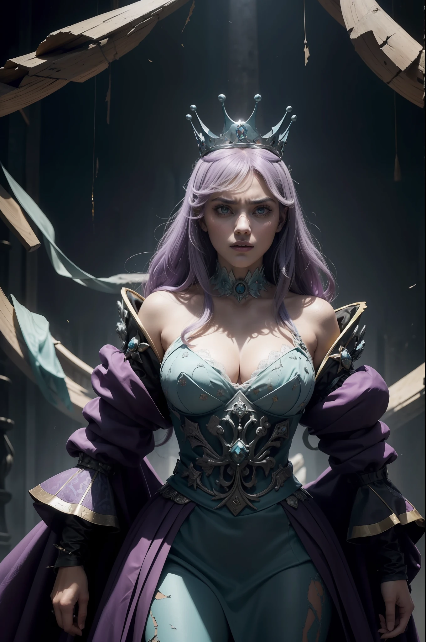 (obra maestra) (La mejor calidad) La diosa de la locura. Has a mocking and sinister expression., Lleva ropa hecha jirones, He wears a tarnished crown and stands on a shattered throne....... She is surrounded by a wind of chaotic fumes of strange colors....... (pechos grandes)