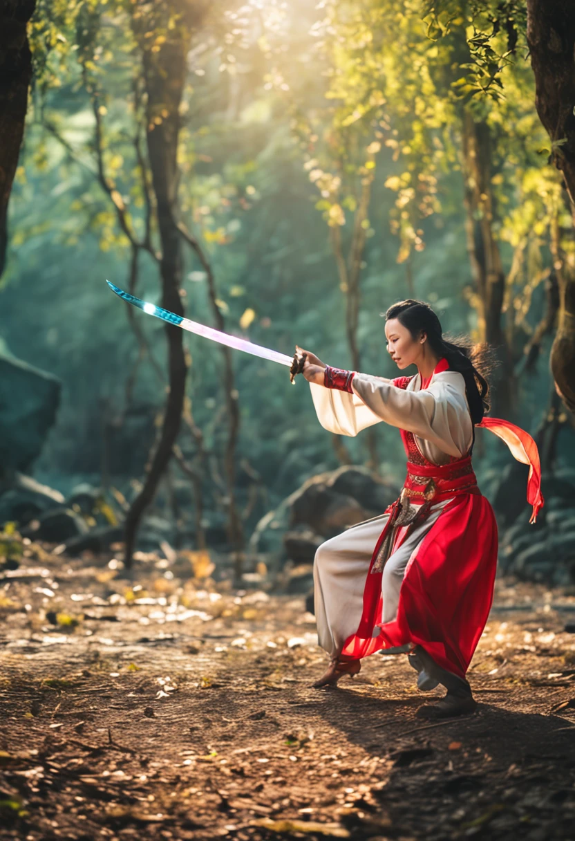 1 Chinese female swordsman，cabelo curto loira, Dancing swords in a bamboo forest in nature bright colors