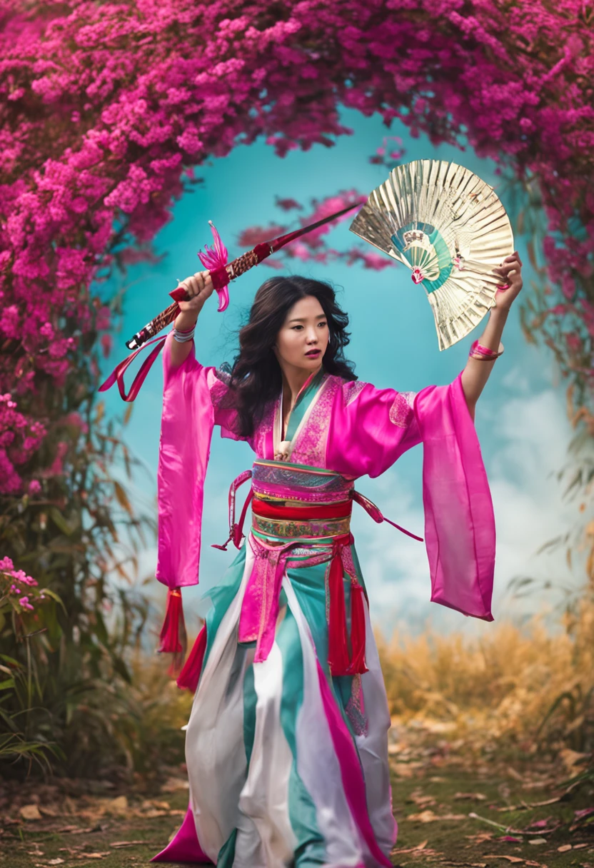 1 Chinese female swordsman,cabelo curto loira, Dancing swords in a bamboo forest in nature bright colors