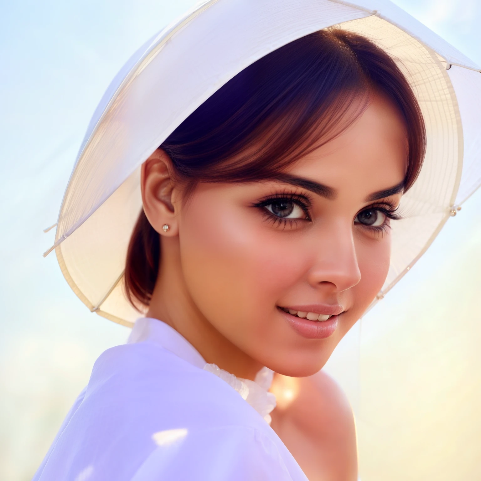 a close up of a woman holding a white umbrella over her head, attractive face, beautiful aesthetic face, beuatiful face, attractive beautiful face, with cute - fine - face, feminine beautiful face, good looking face, extremely beautiful face, lovely delicate face, gorgeous attractive face, with cute doting eyes, beutiful face, beautiful delicate face