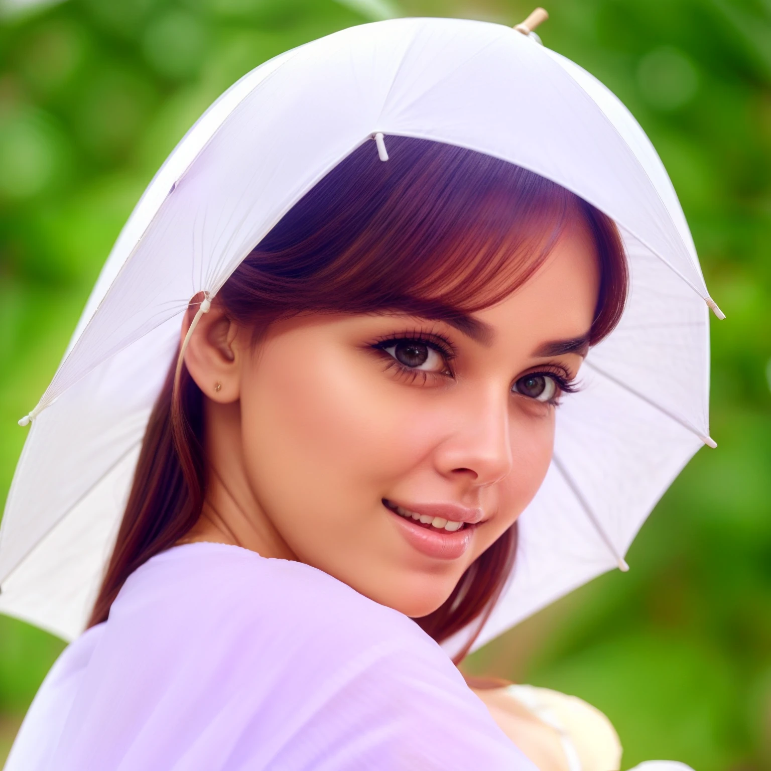 a close up of a woman holding a white umbrella over her head, attractive face, beautiful aesthetic face, beuatiful face, attractive beautiful face, with cute - fine - face, feminine beautiful face, good looking face, extremely beautiful face, lovely delicate face, gorgeous attractive face, with cute doting eyes, beutiful face, beautiful delicate face