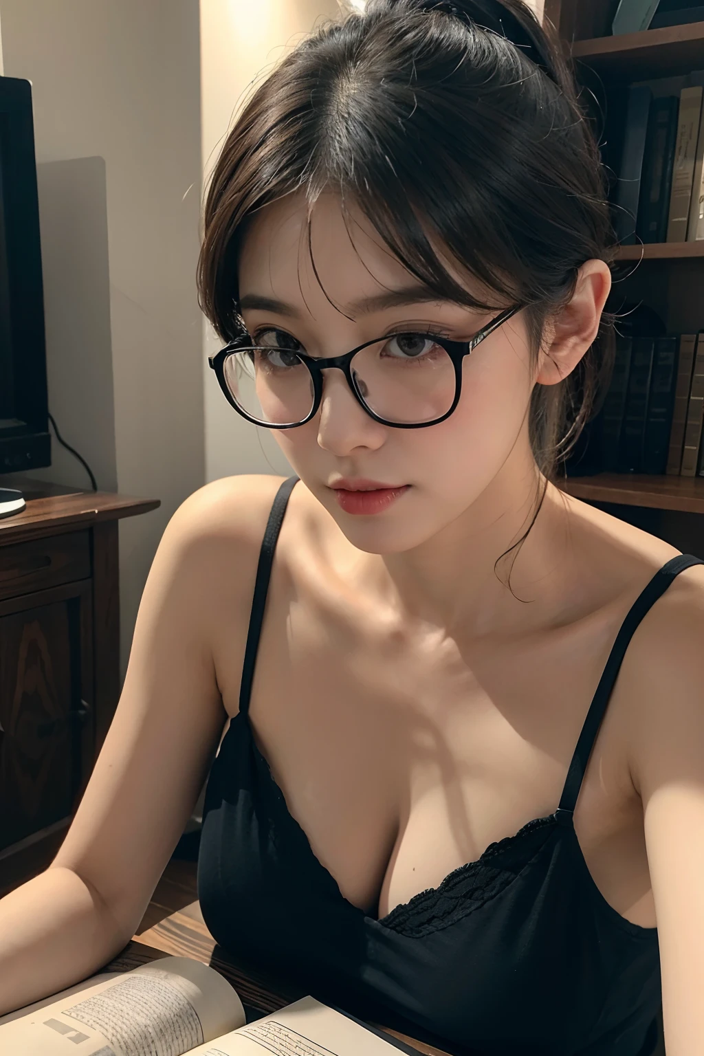 20 yo woman， brunette color hair， Short ponytail， thin frame glasses， Thinking face， （Wear an open button shirt， Medium breasts with）， Sat down， Learn， BREAK BREAK BREAK， lying on the table， Take a pencil， opened book， book， glass of milk， table light， BREAK BREAK BREAK， in living room， Wall decoration， Mini library， glass window， wall clock， BREAK BREAK BREAK， cinematric light， realisticlying， tmasterpiece， Best quality at best， Complex CG，Highly detailed face，High detail eyes，Lace lingerie big breasts