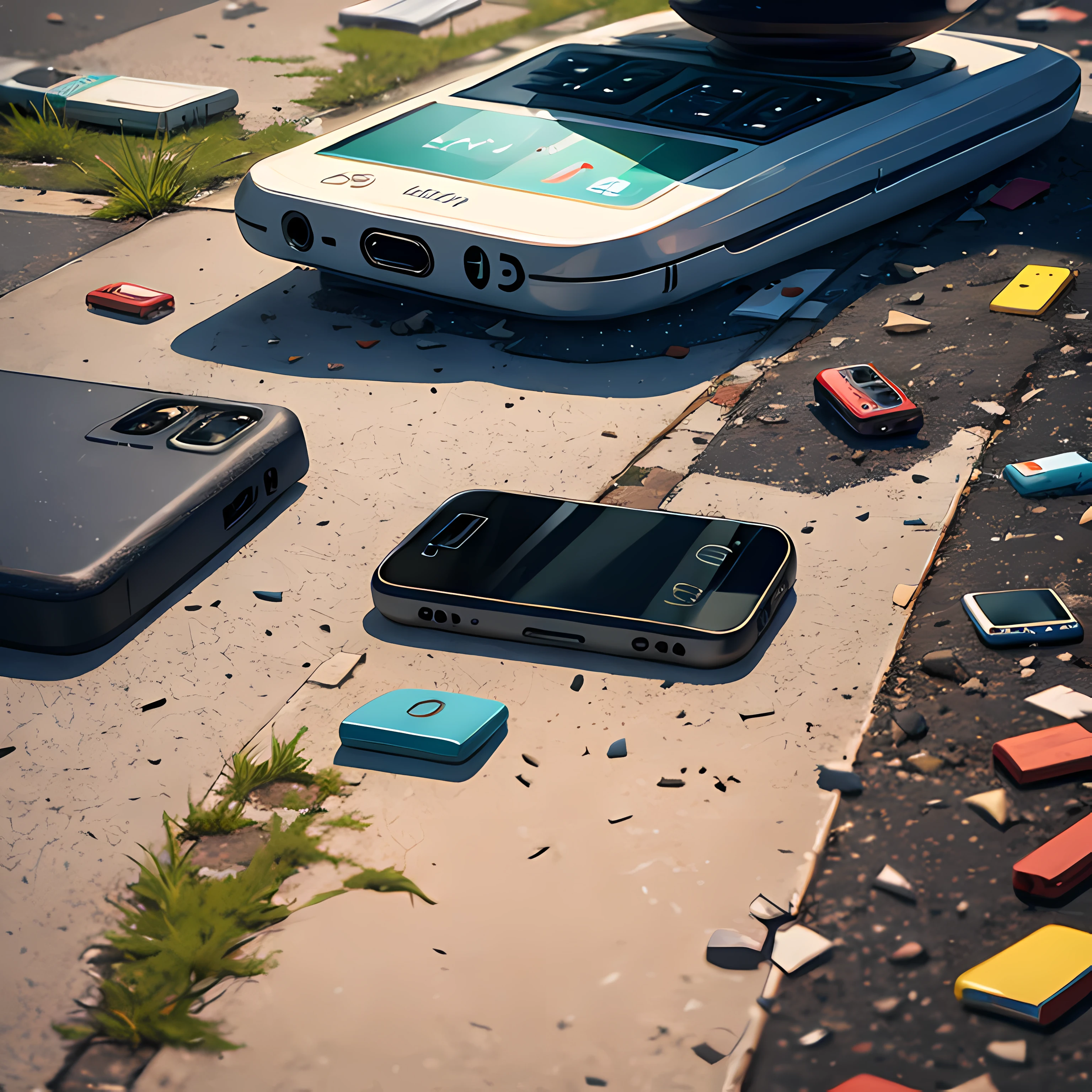 There are many mobile phones scattered on the ground