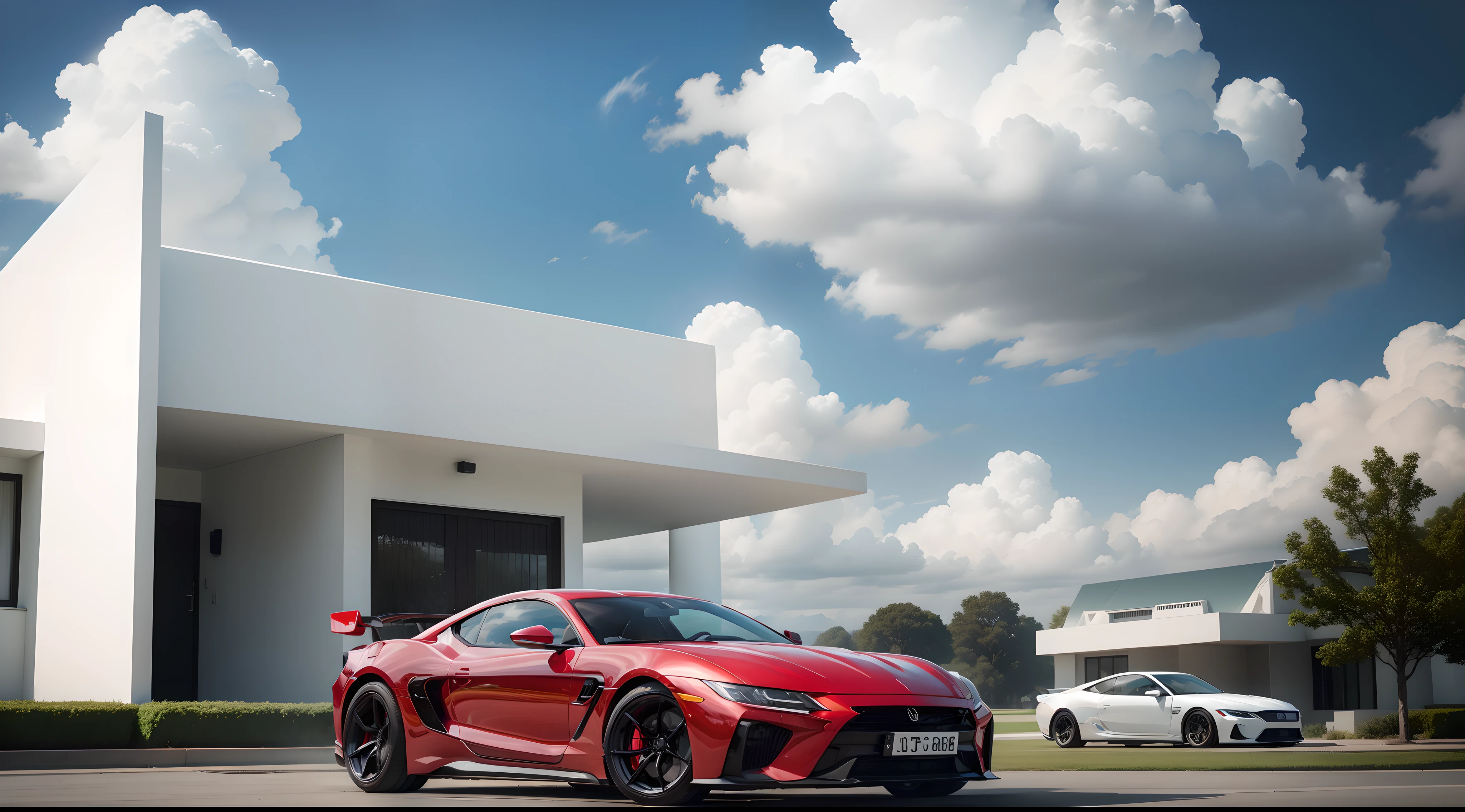 A modern white house. Clouds in the sky. Day time.1 red sports car by the side.