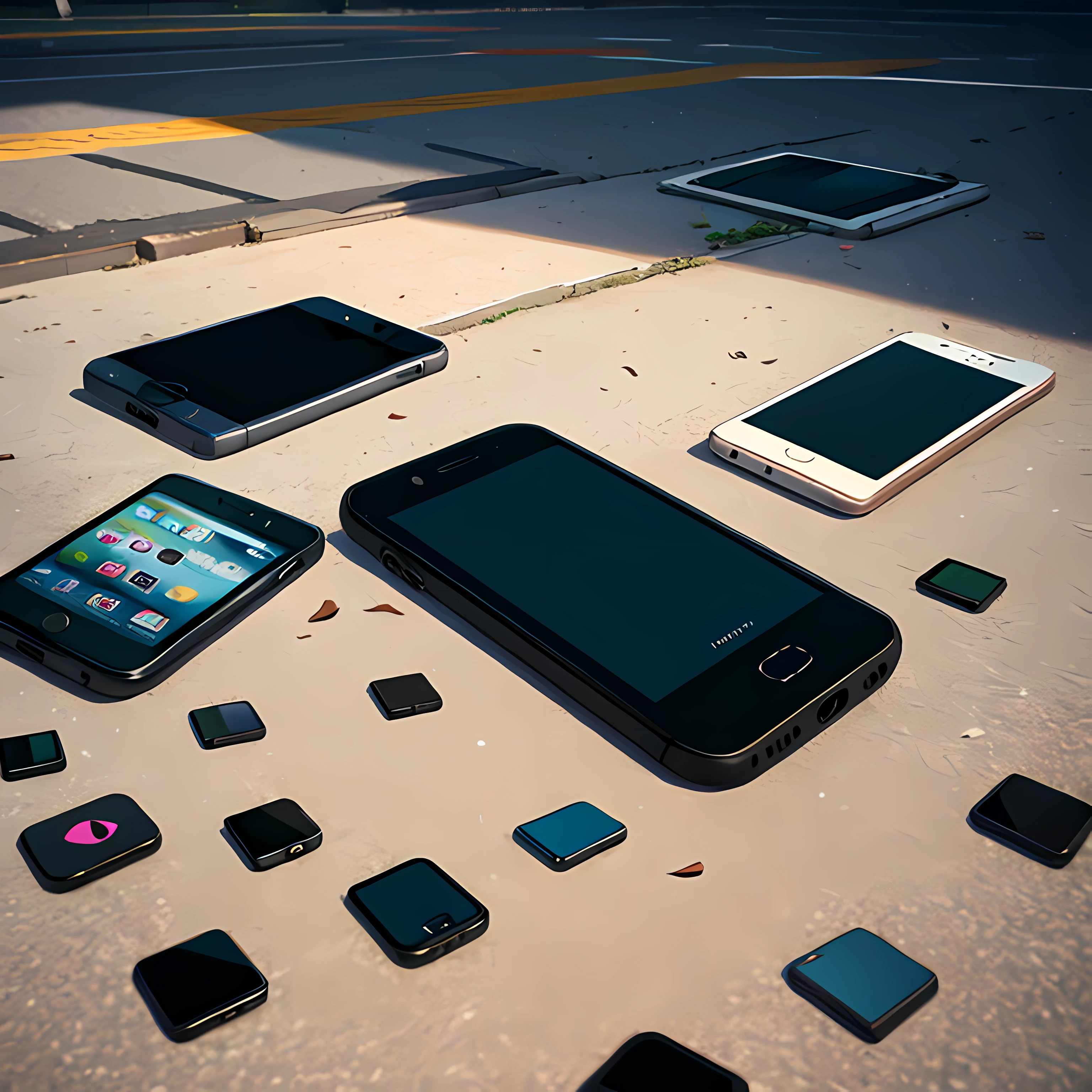 There are many mobile phones scattered on the ground