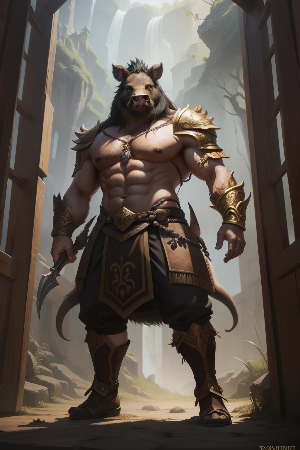 boar, whole body, fantasy style, drawing style, oil painting