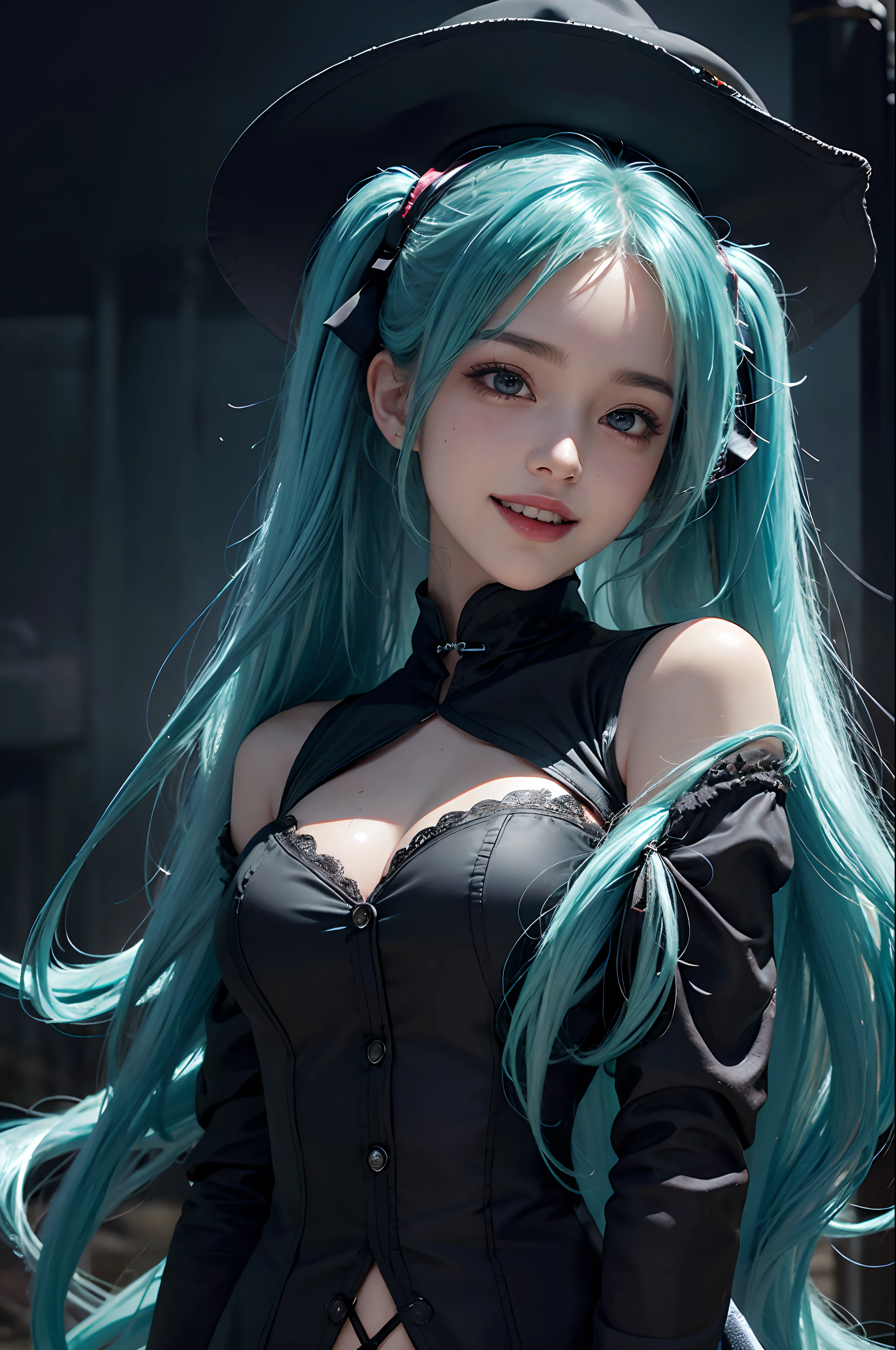 (by artist junji ito style:0.8), (masterpiece:1.2), best quality, masterpiece hatsune miku, teal hair, long twintails, bare shoulders, teal necktie, miniskirt, smile, grin, evil face, shaded face,(navel:0.6),