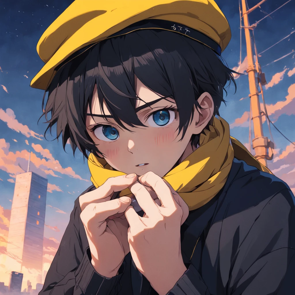 icon of a teenage boy with messy and short hair, mas arrumado e franja sobre um olho, wearing a black school uniform with black jeans while holding a beret on his head while wearing a large yellow scarf completely covering his mouth, The background was a blue sky, and his hand was on her beret pulling her down, wearing a ring on the hand, ao fundo notas de musicas neon lofi